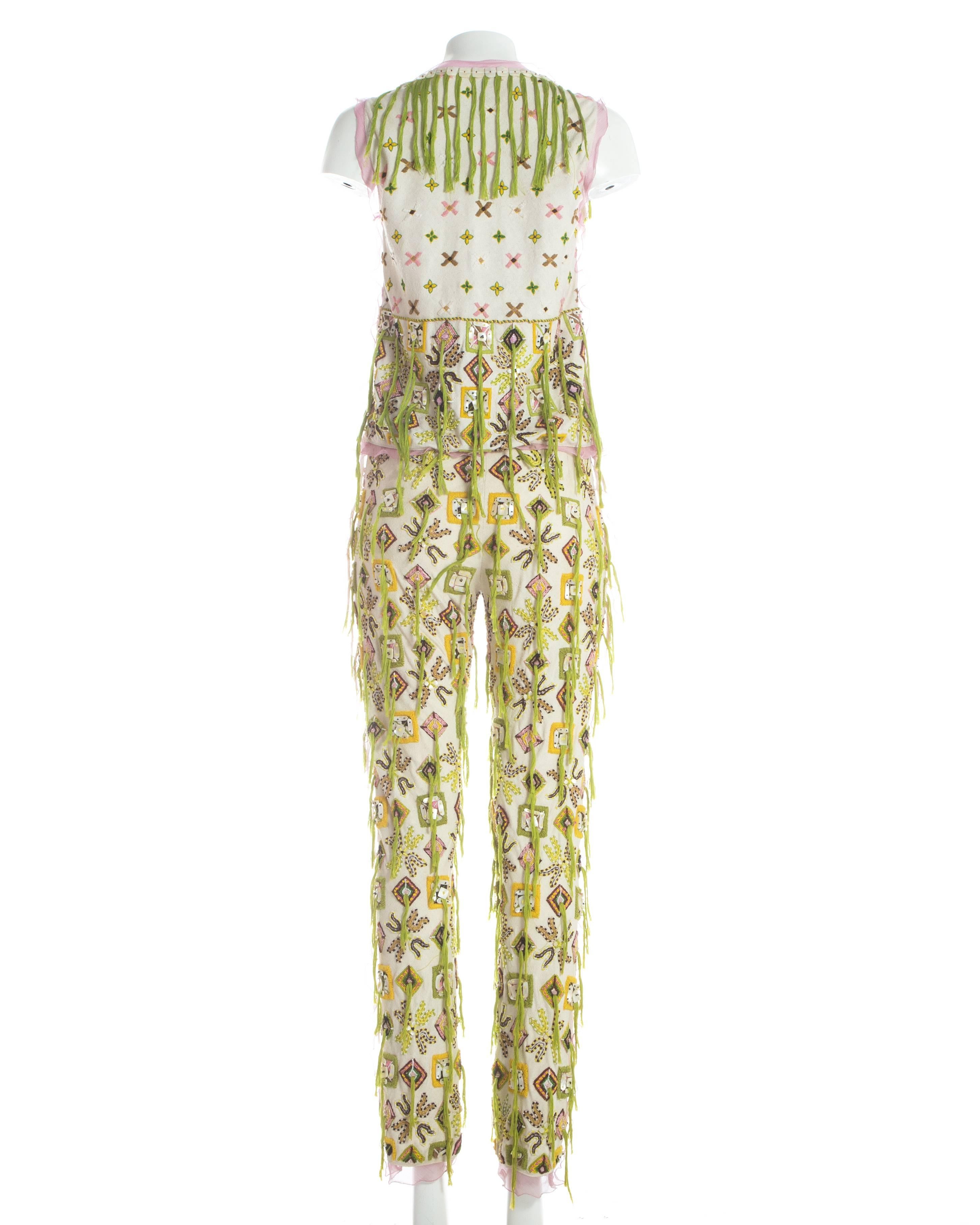 Fendi embroidered cotton pant suit fringed with silk thread, S / S 2000 2
