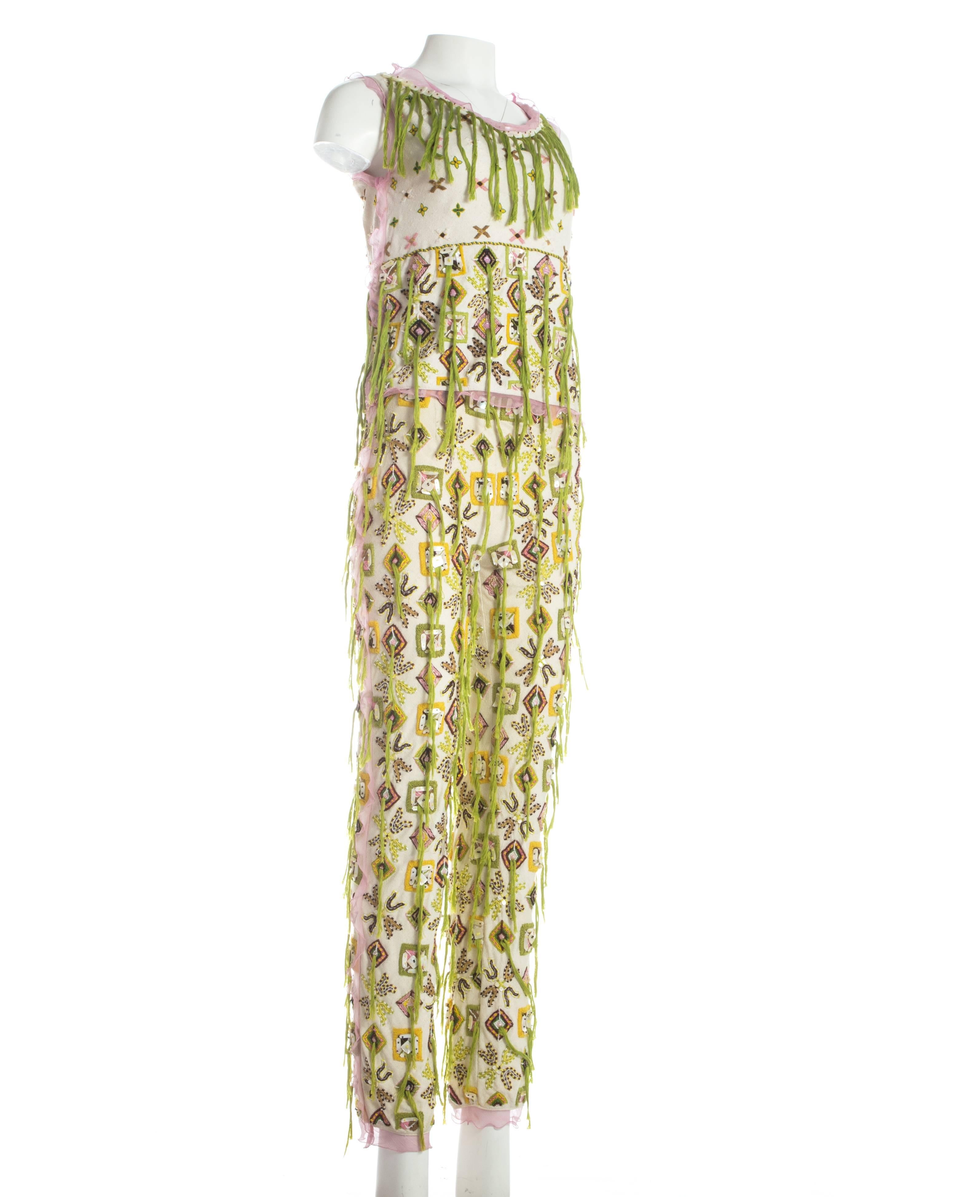 Fendi embroidered cotton pant suit fringed with silk thread, S / S 2000 In Excellent Condition In London, GB