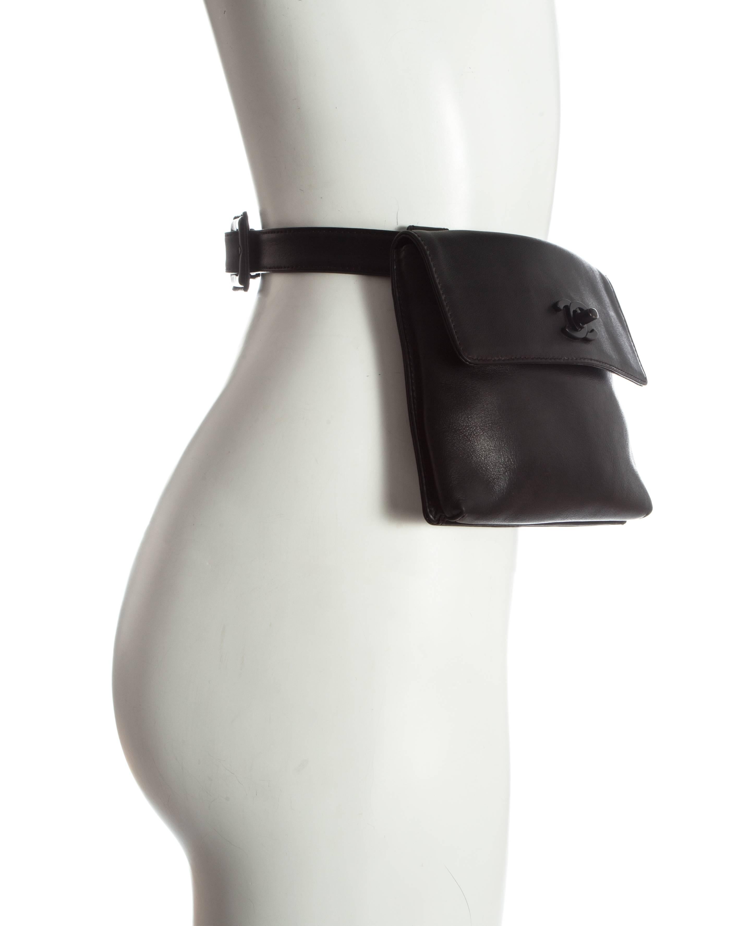 Women's or Men's Chanel black leather flap bag with adjustable waist belt, c. 1999