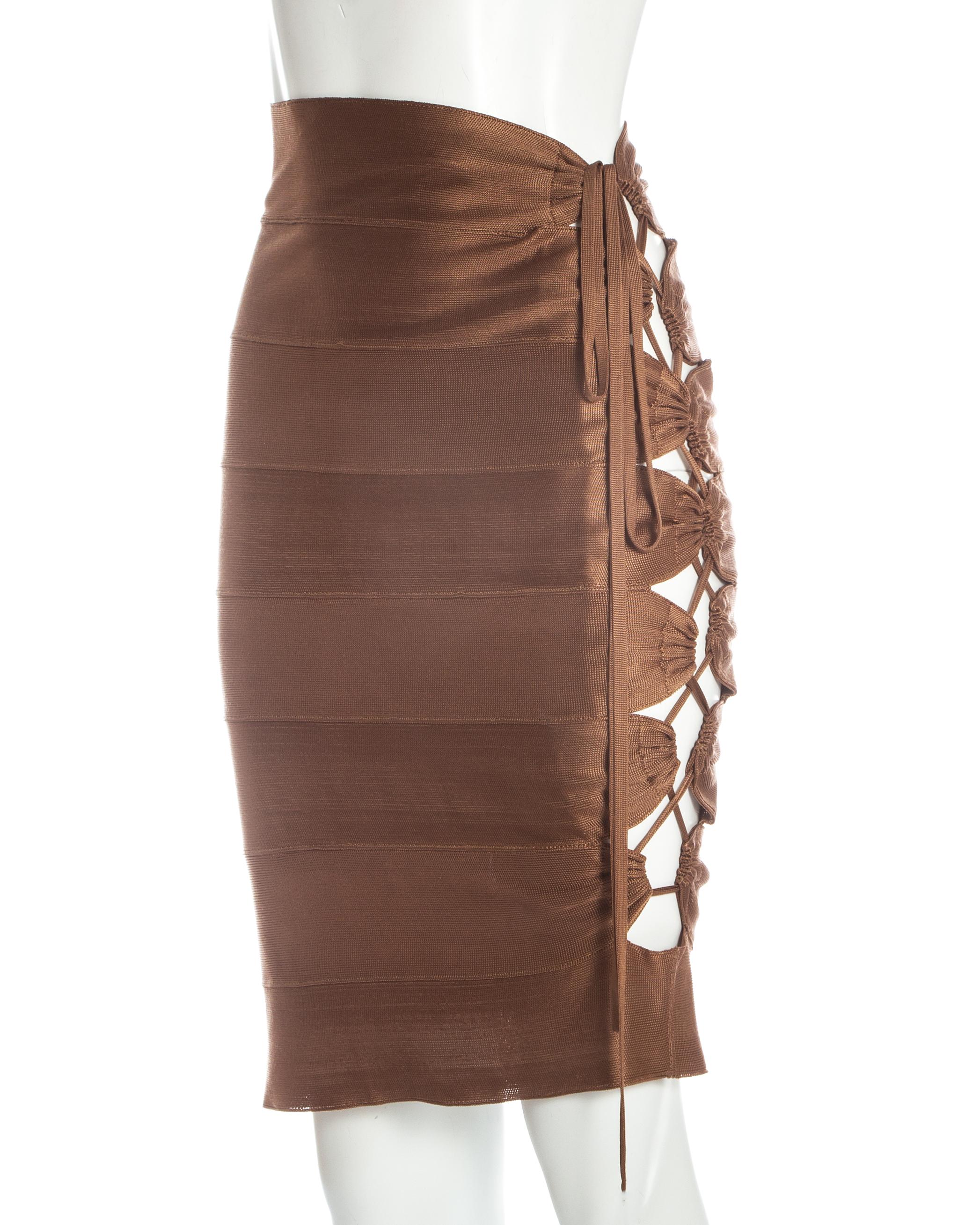 Azzedine Alaia bronze acetate knit bodysuit and lace up skirt ensemble, S/S 1986 6