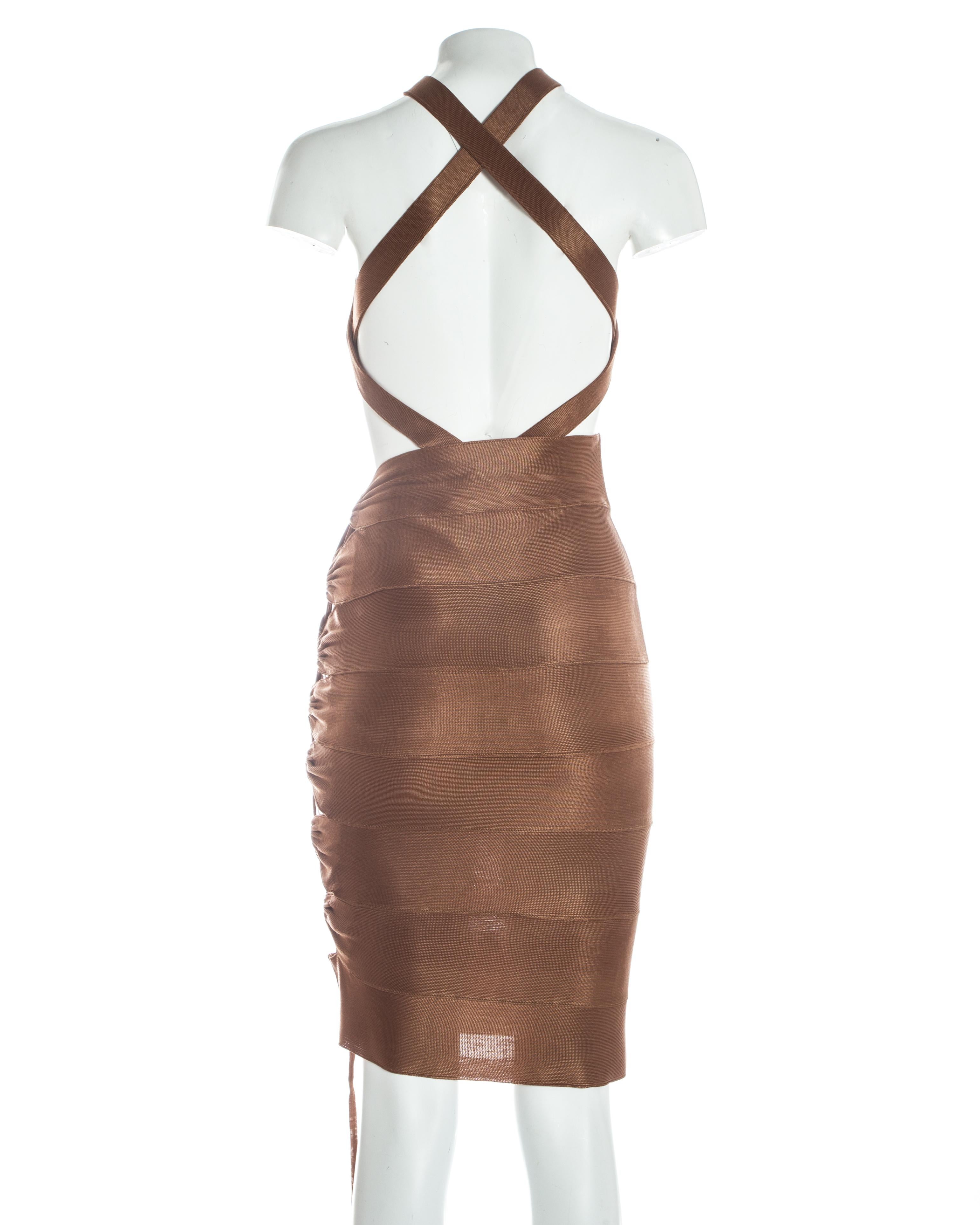 Azzedine Alaia bronze acetate knit bodysuit and lace up skirt ensemble, S/S 1986 5