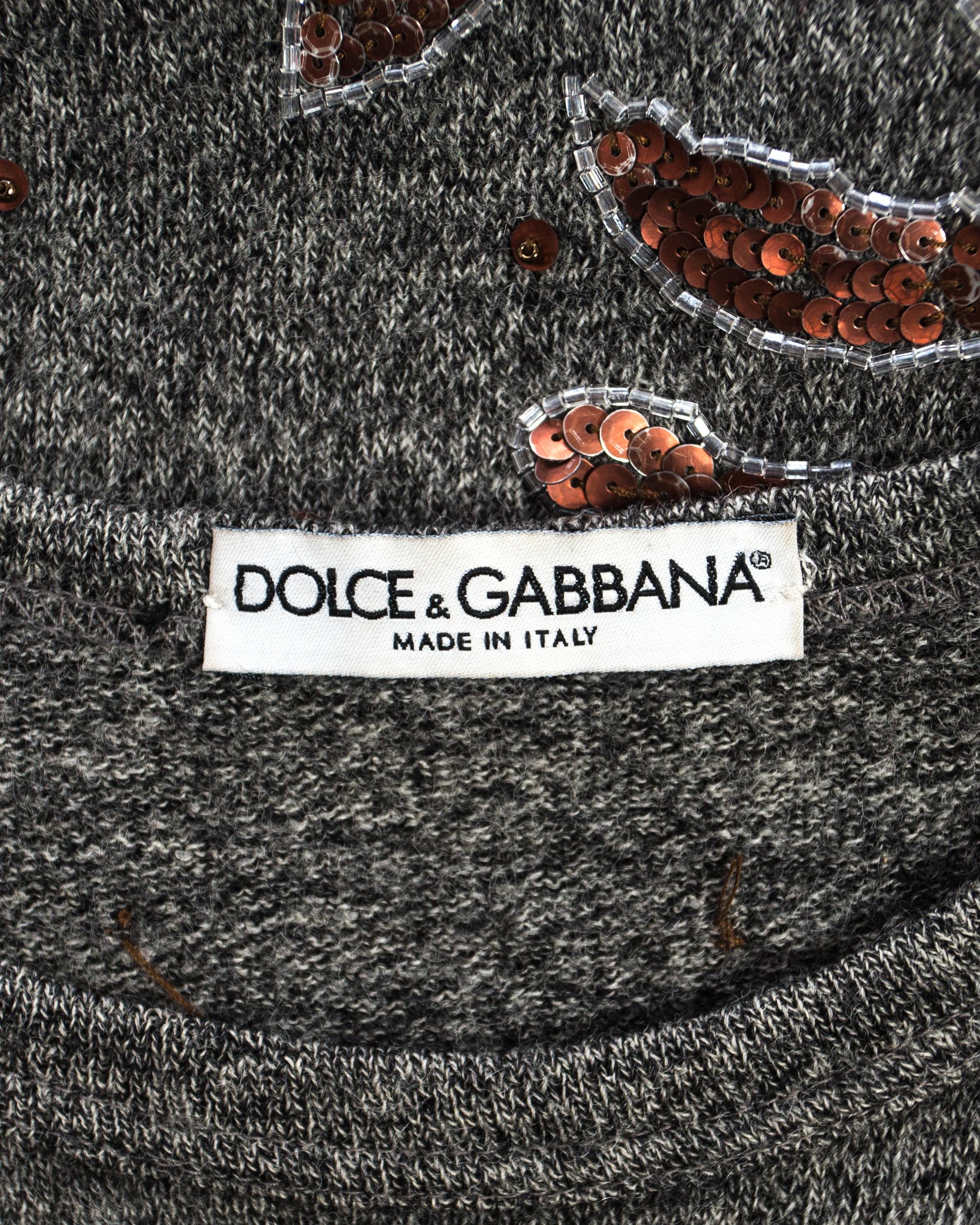 Dolce & Gabbana Men's grey sequin embroidered knitted sweater, fw 1999 2
