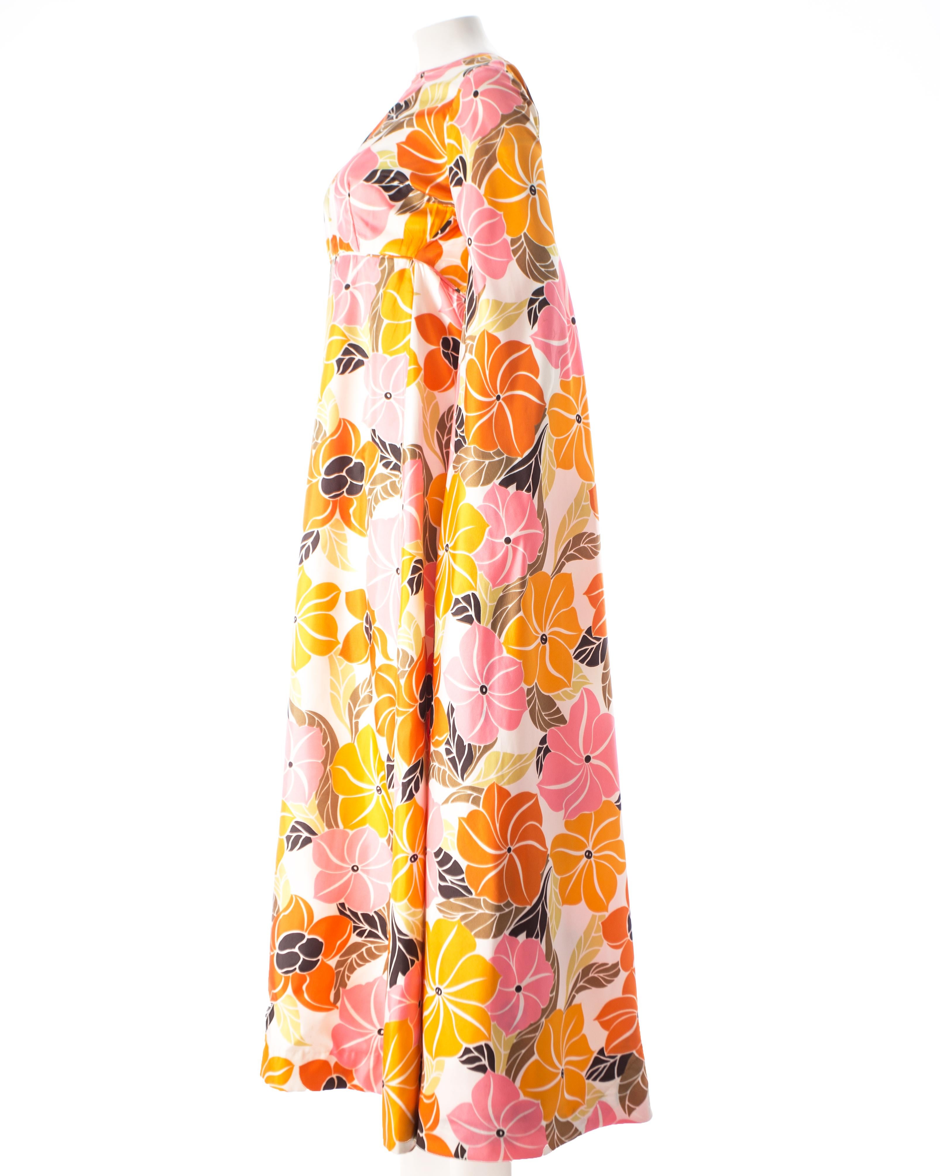 Orange Satin floral maxi dress with maxi bell sleeves, circa 1960s