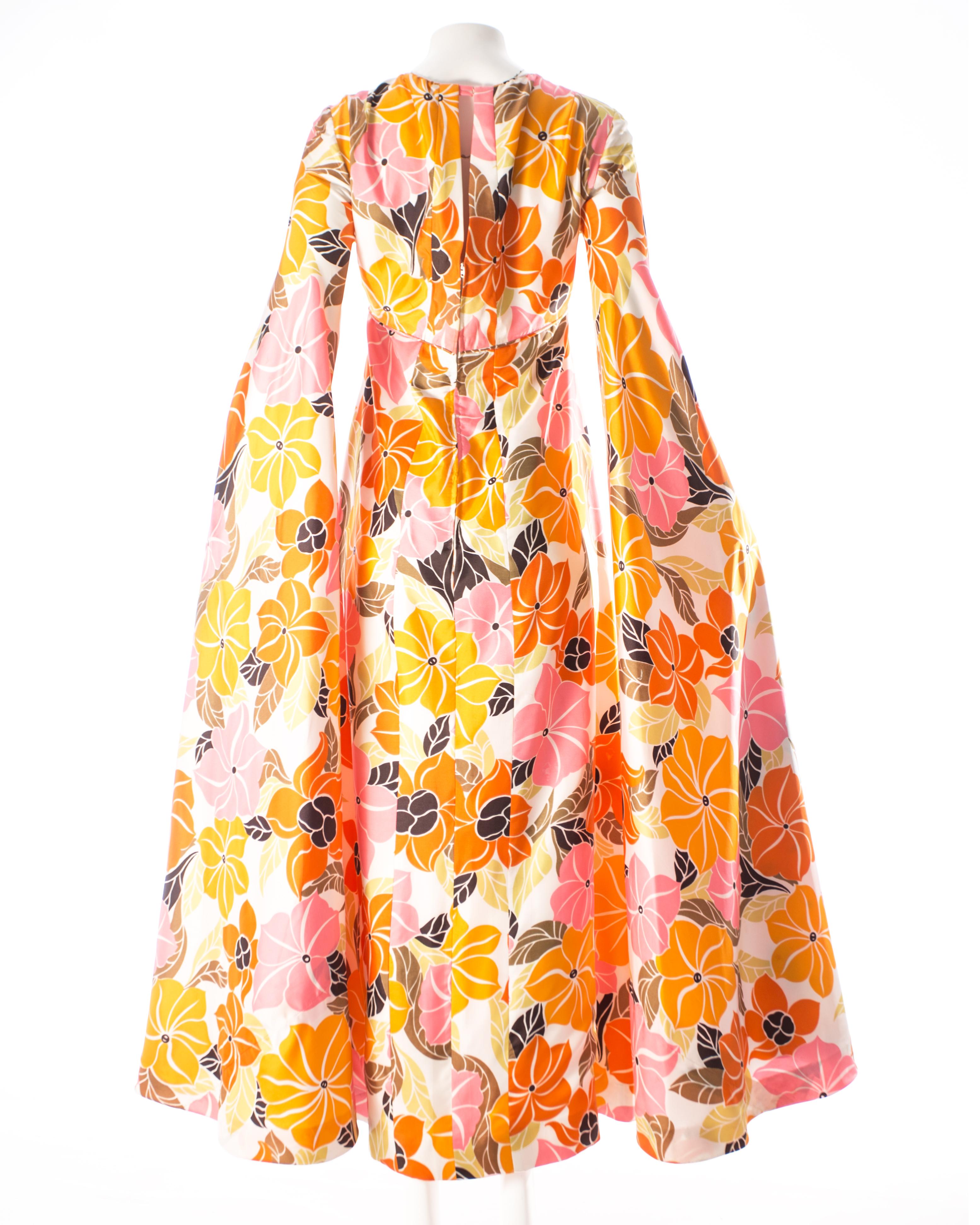 Satin floral maxi dress with maxi bell sleeves, circa 1960s In Excellent Condition In London, GB