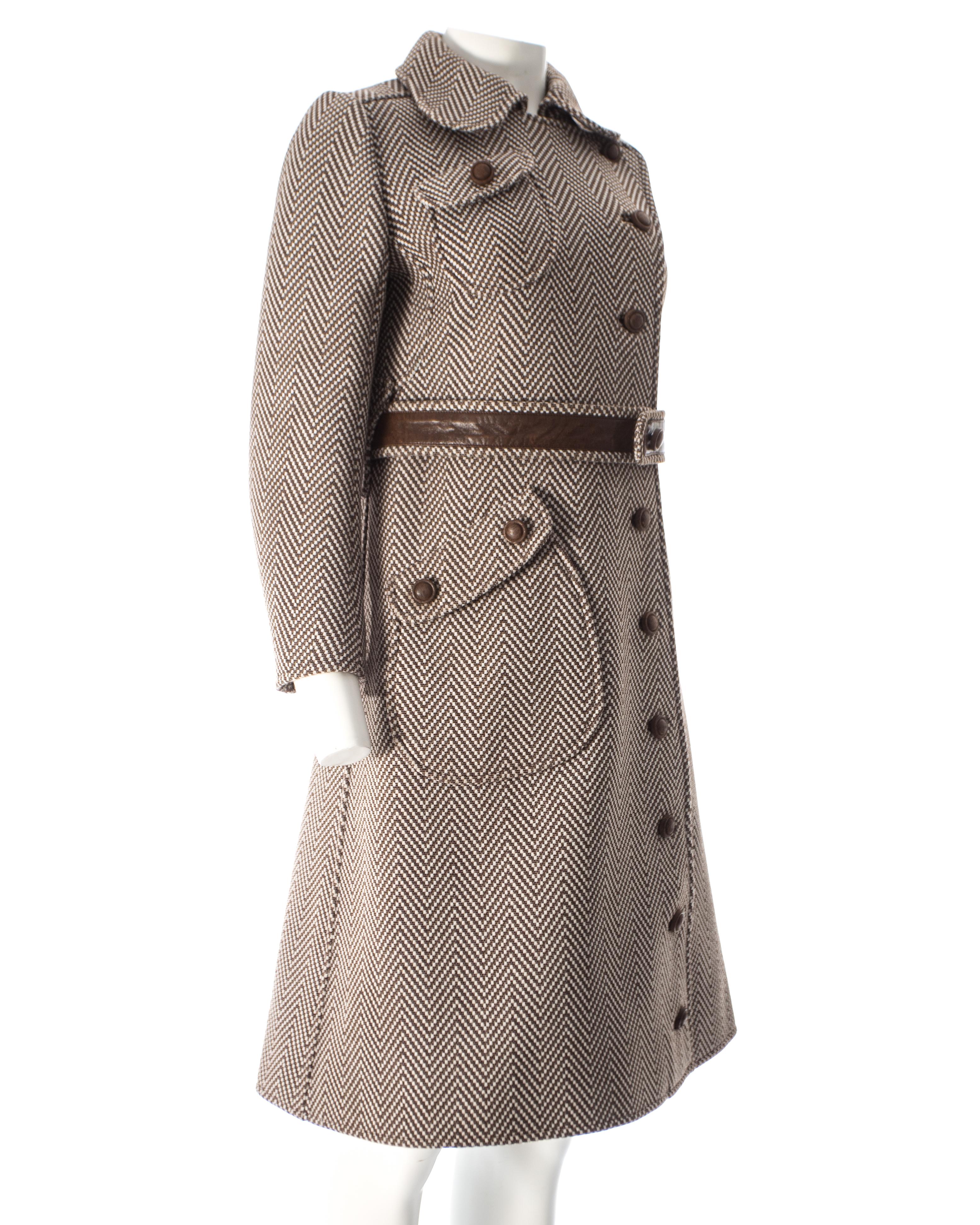 Courreges Couture Brown and cream Herringbone wool and leather coat, circa 1969 In Excellent Condition In London, GB