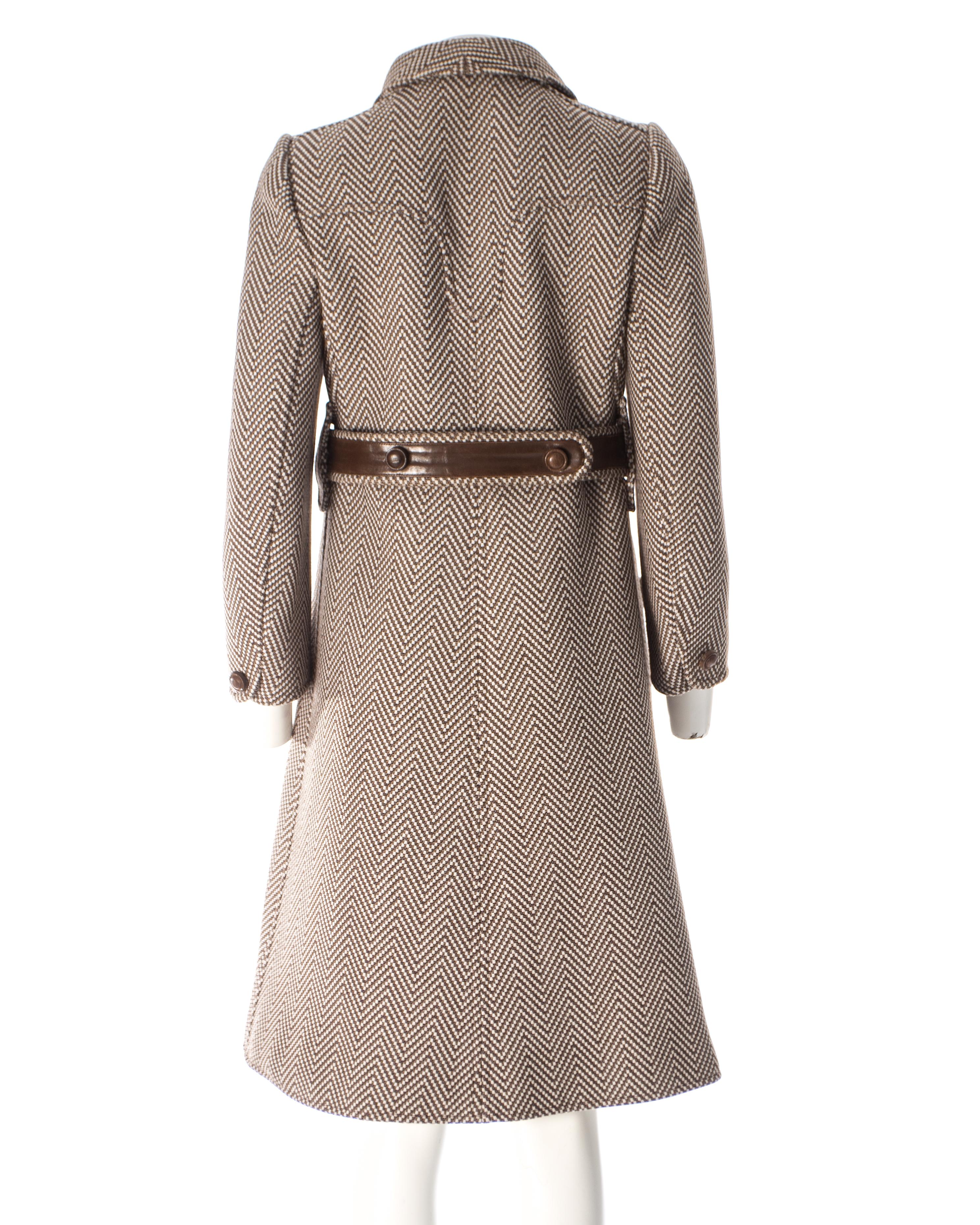 Courreges Couture Brown and cream Herringbone wool and leather coat, circa 1969 1