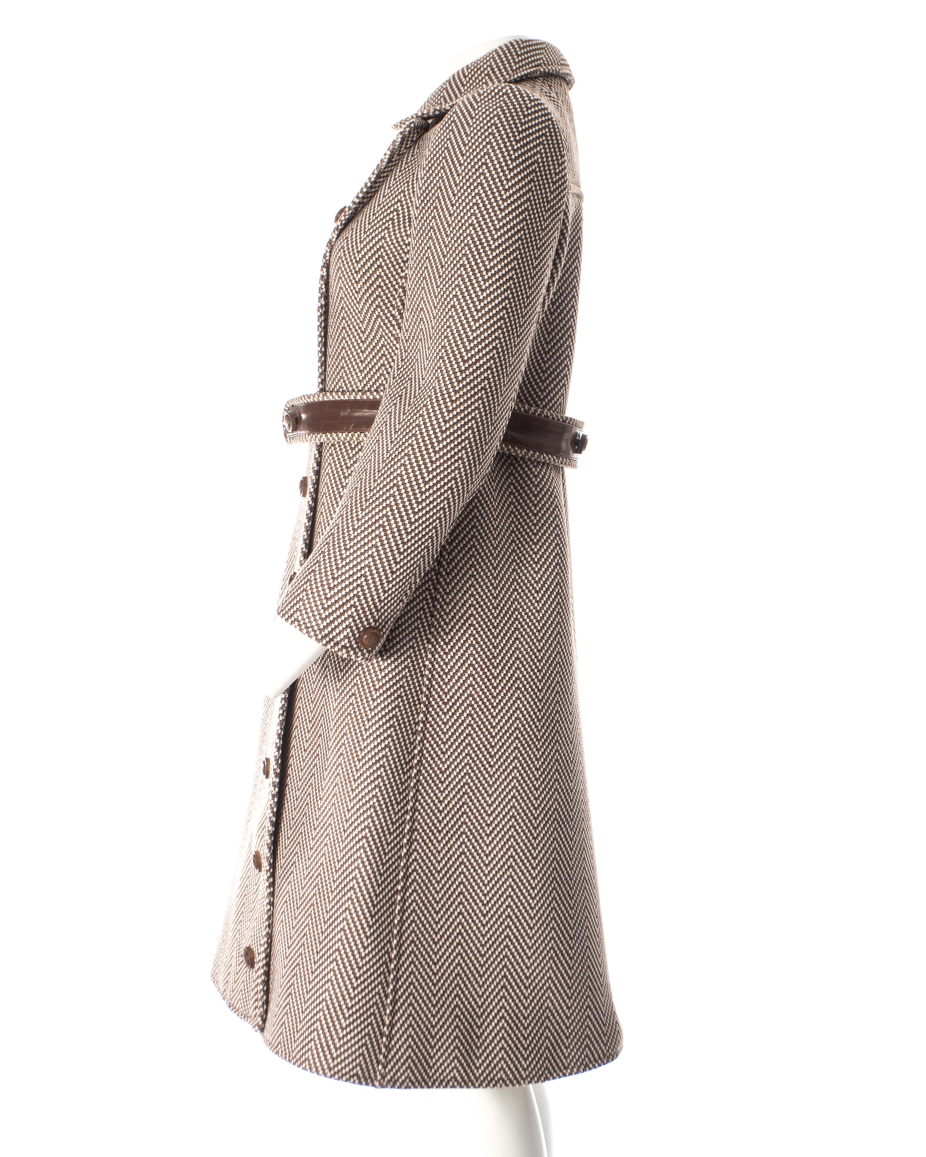 Women's or Men's Courreges Couture Brown and cream Herringbone wool and leather coat, circa 1969