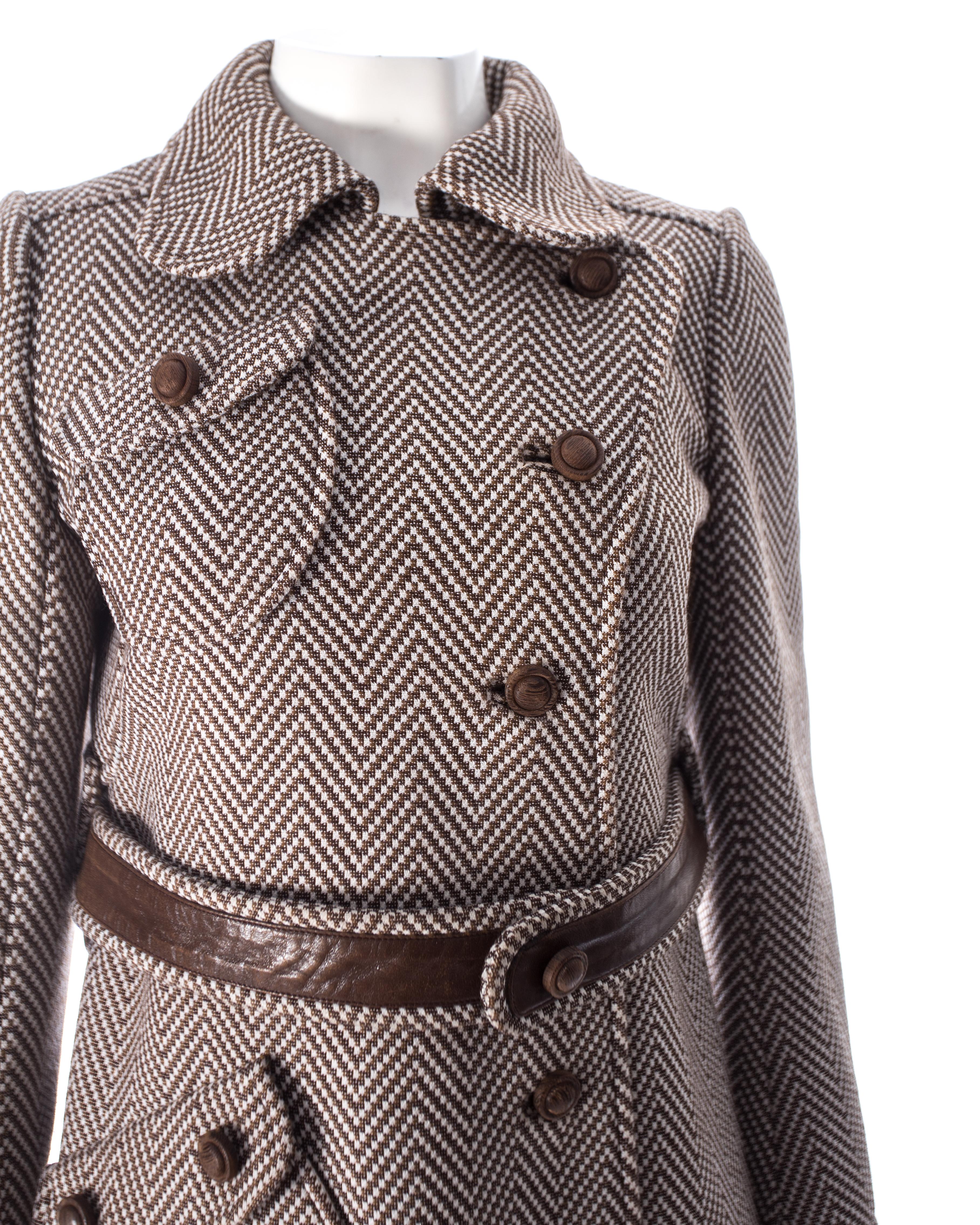 Courreges Couture Brown and cream Herringbone wool and leather coat, circa 1969 2