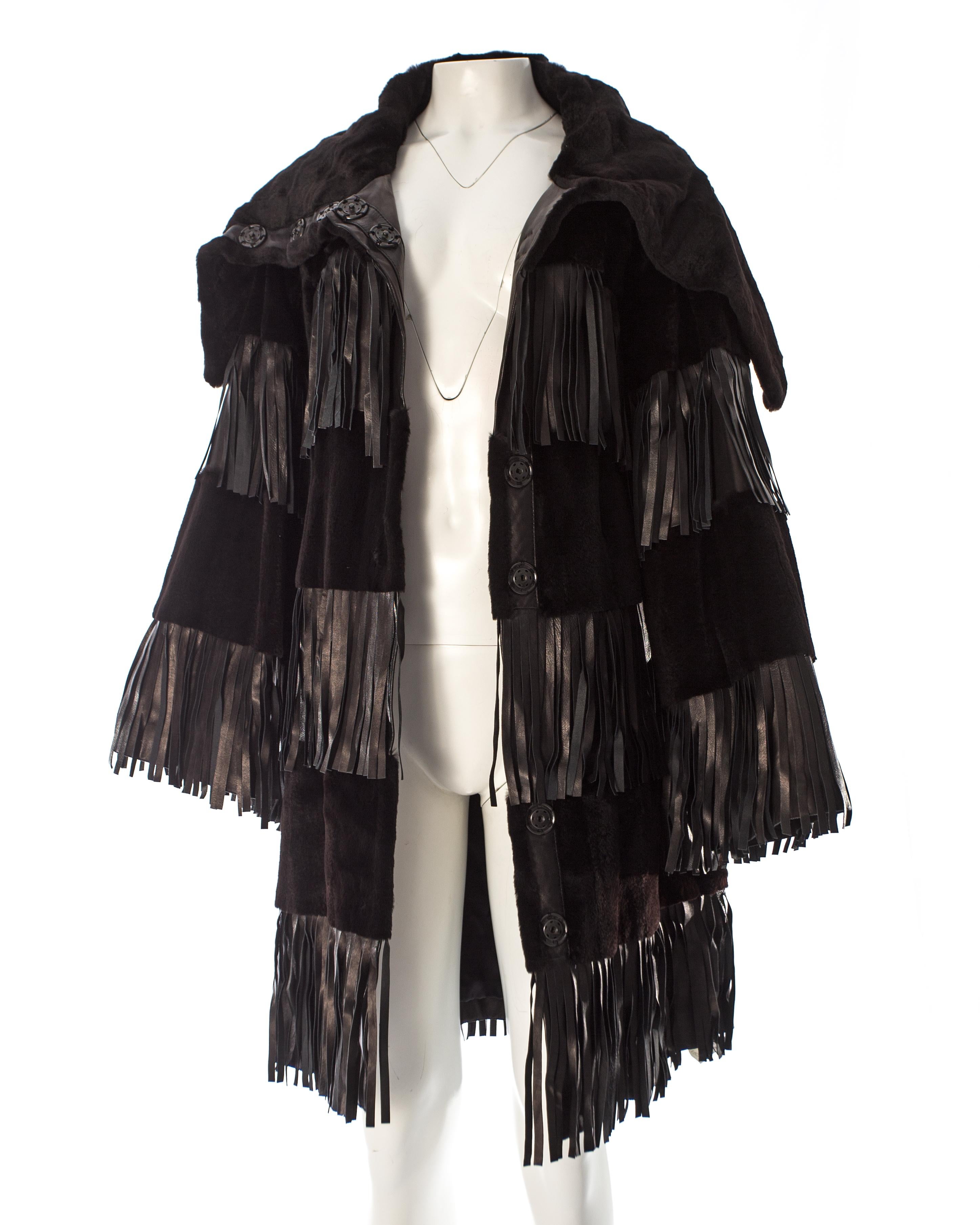 Dolce & Gabbana black sheared weasel fur coat with leather fringing, A / W 2003 In Excellent Condition For Sale In London, GB