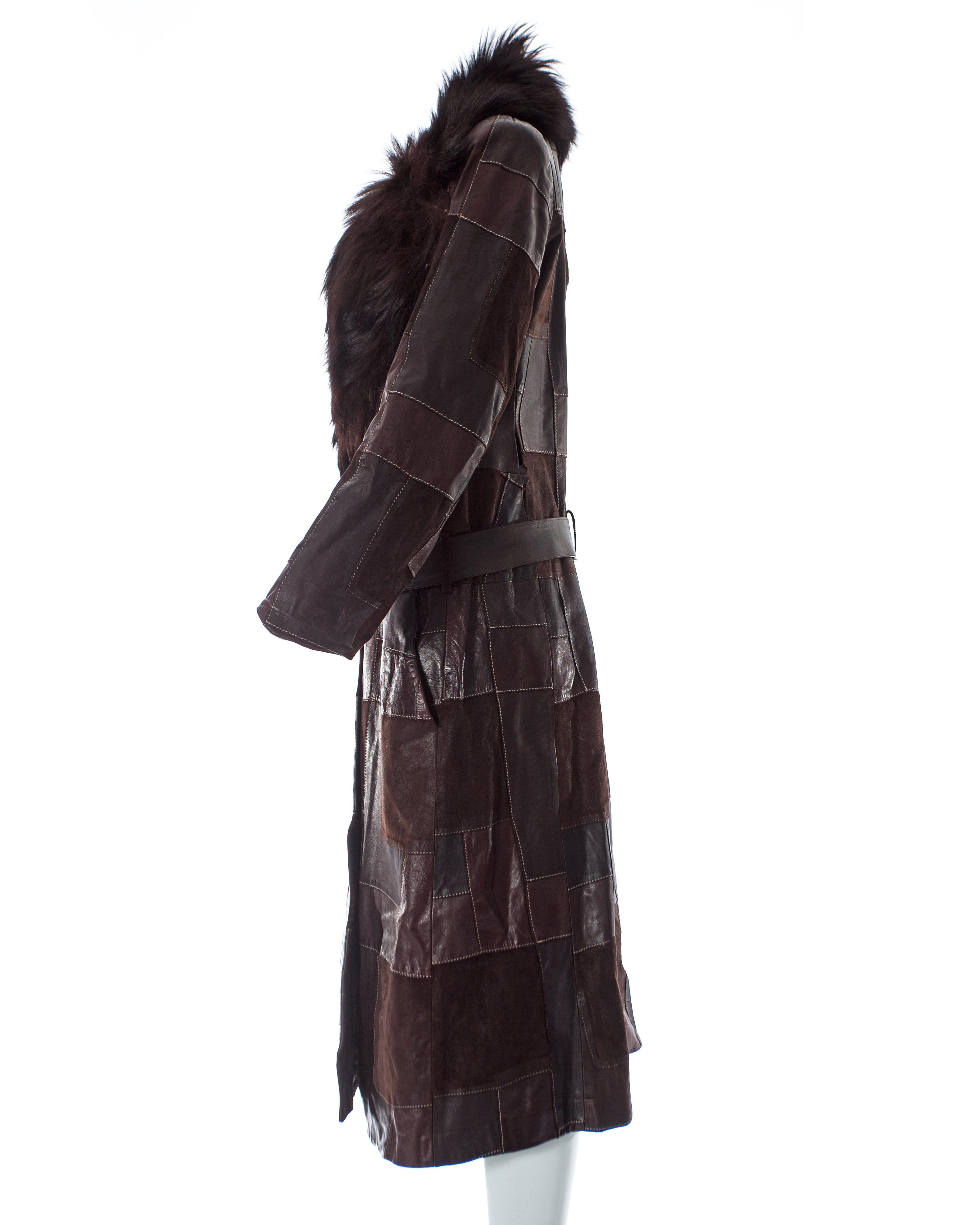 Black Alexander McQueen brown leather patchwork coat with goat hair collar, A / W 2000 For Sale