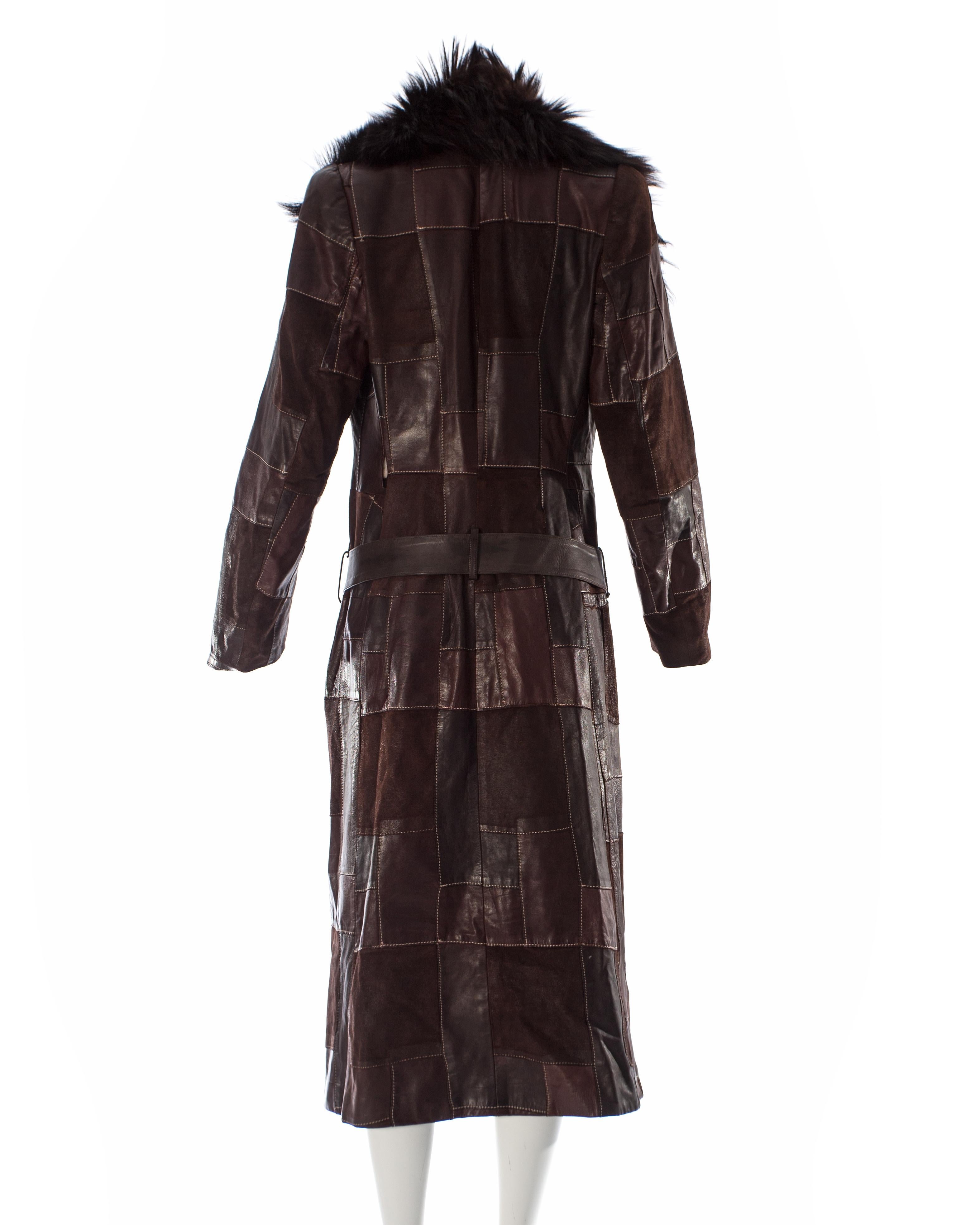 Alexander McQueen brown leather patchwork coat with goat hair collar, A / W 2000 In Good Condition For Sale In London, GB