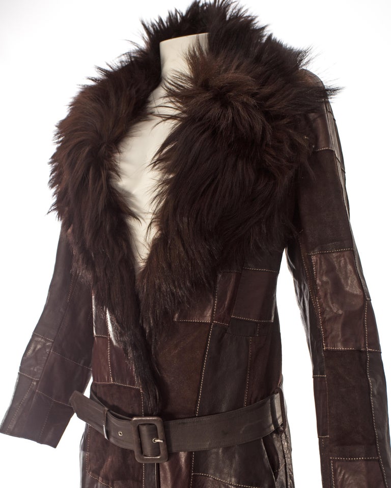 Alexander McQueen brown leather patchwork coat with goat hair collar, A / W 2000 For Sale at 1stDibs