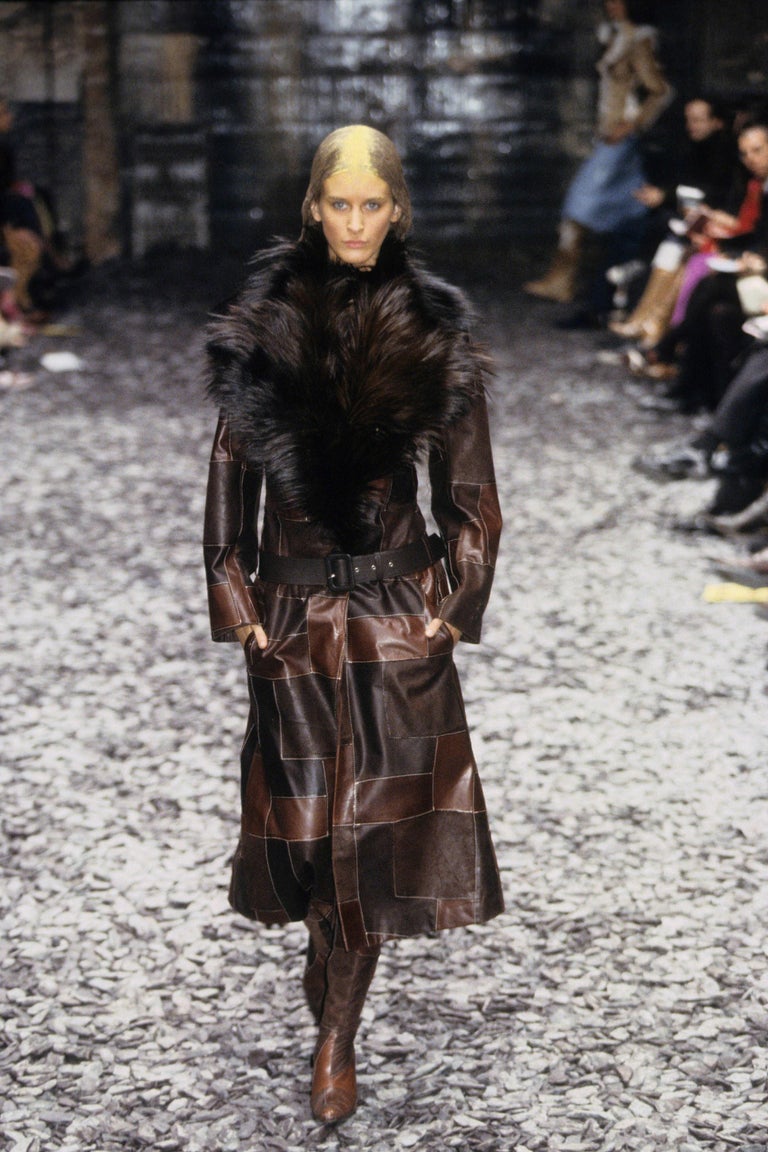Alexander McQueen brown leather patchwork coat with goat hair collar, A / W 2000 For Sale at 1stDibs