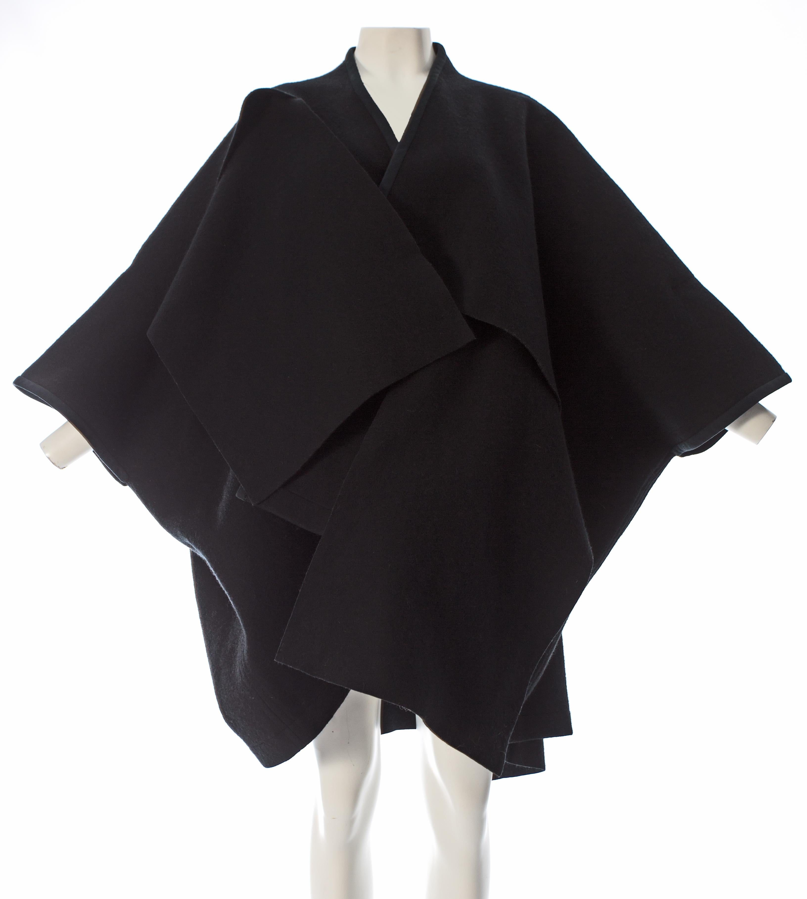 Comme des Garcons black wool coat constructed from large woven panels, AW 1983 2