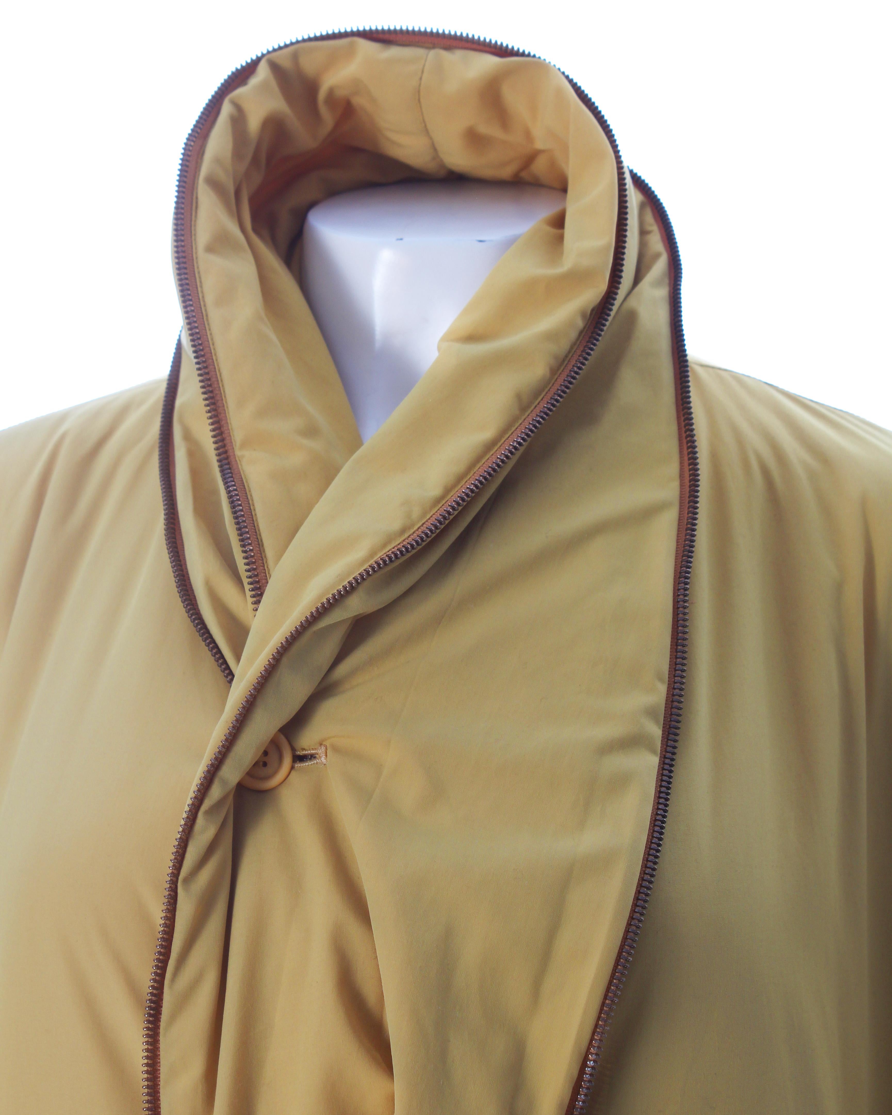 Brown Issey Miyake men's mustard nylon puffer coat, ca. 1980s