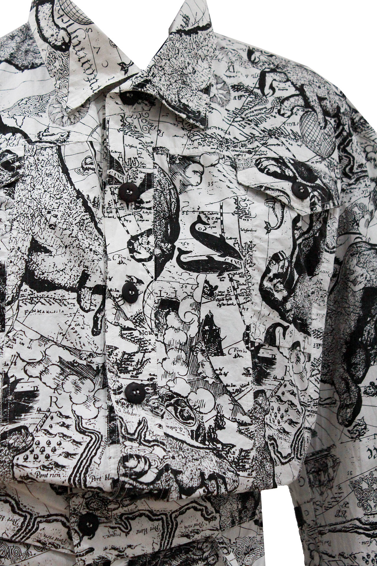 Rare Boy George BODY MAP ensemble featuring full pirate map all over, features rubber buttons, unisex and size 'small'. From the S/S 1986 collection.

Body Map was the label created by David Holah and Stevie Stewart in 1982 which brought a fresh