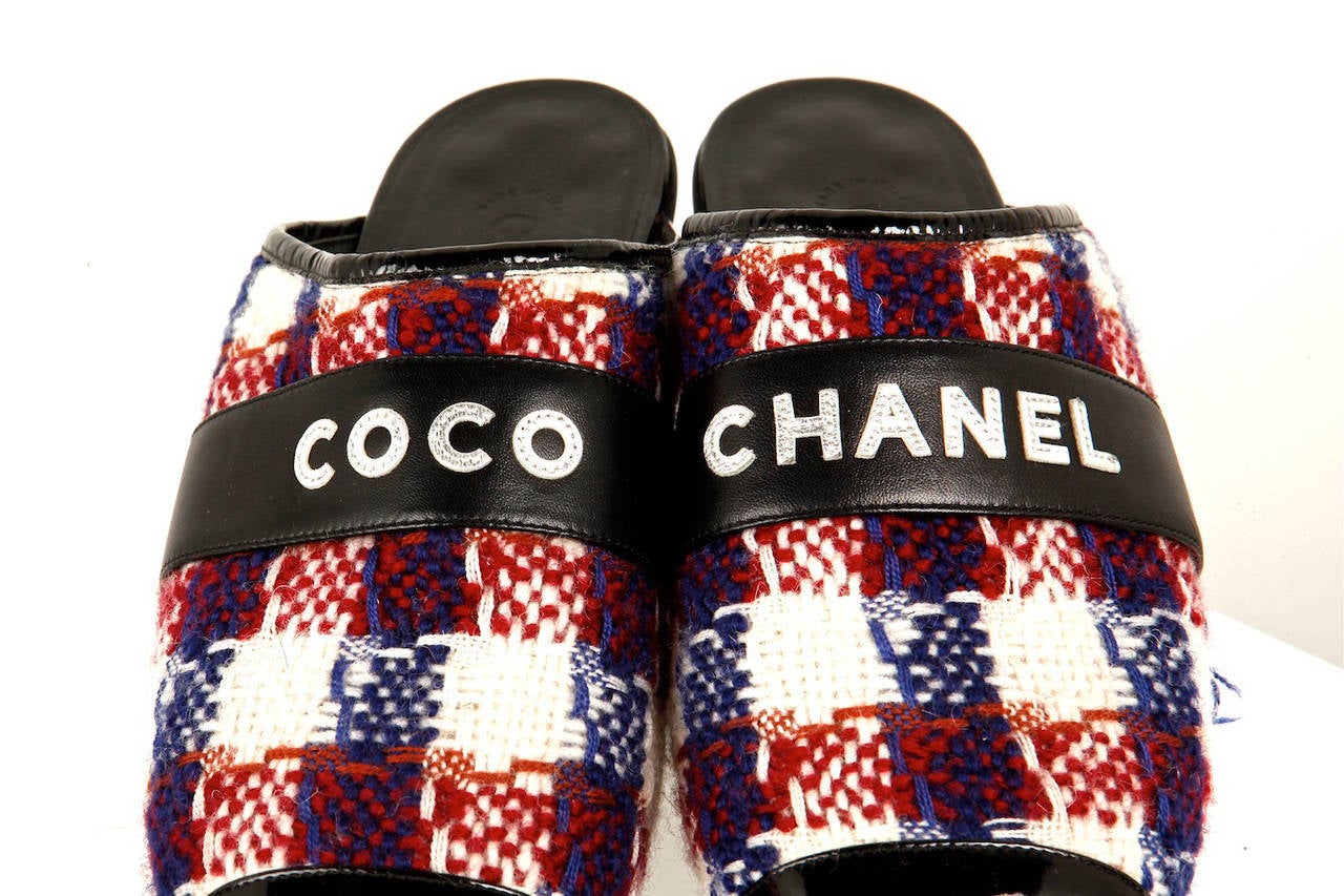 Rare Chanel clogs designed by Karl Lagerfeld. Features 'COCO' 'CHANEL