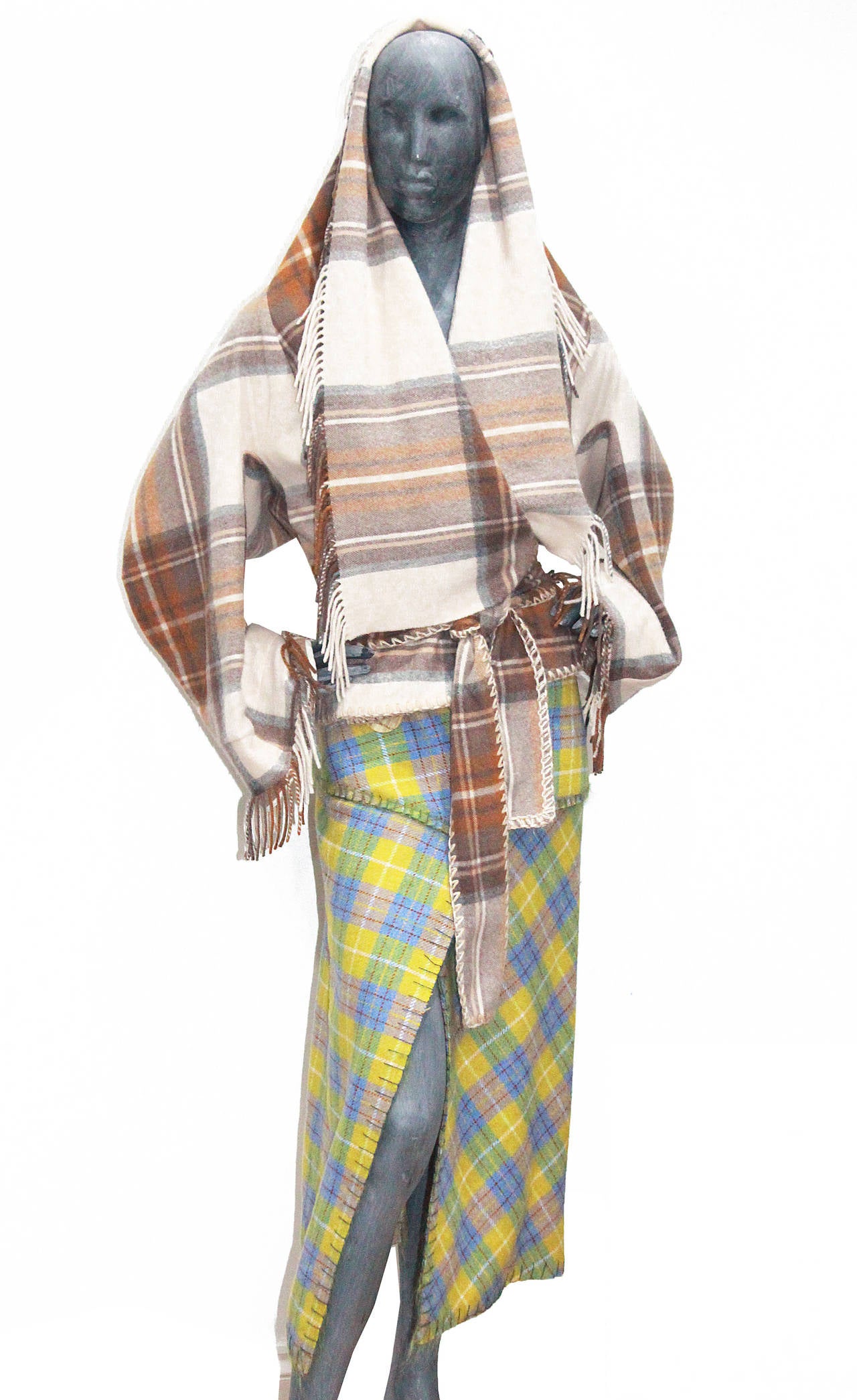 Women's 1990s John Galliano Plaid Wood Wrap Skirt