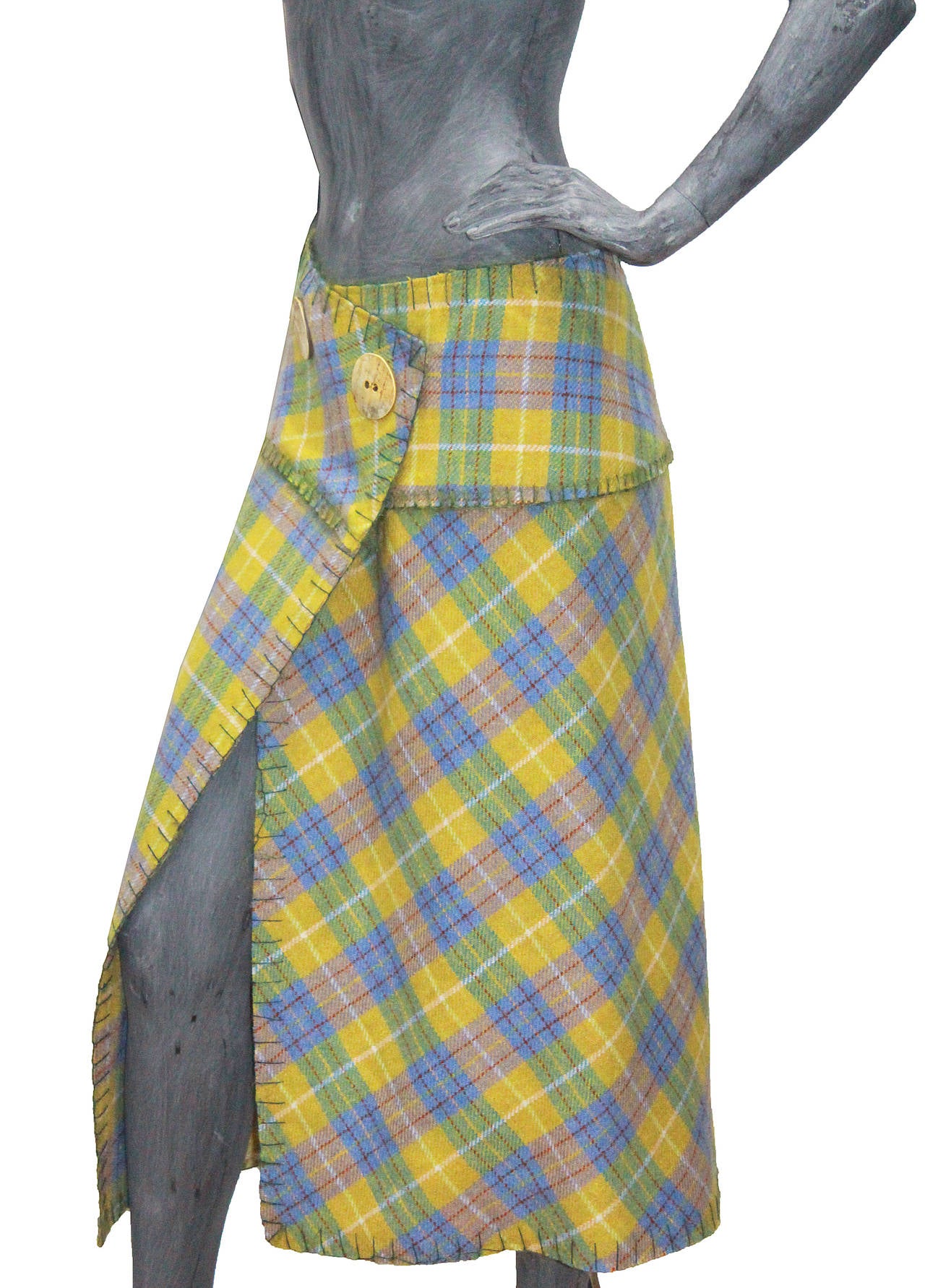 Brown 1990s John Galliano Plaid Wood Wrap Skirt