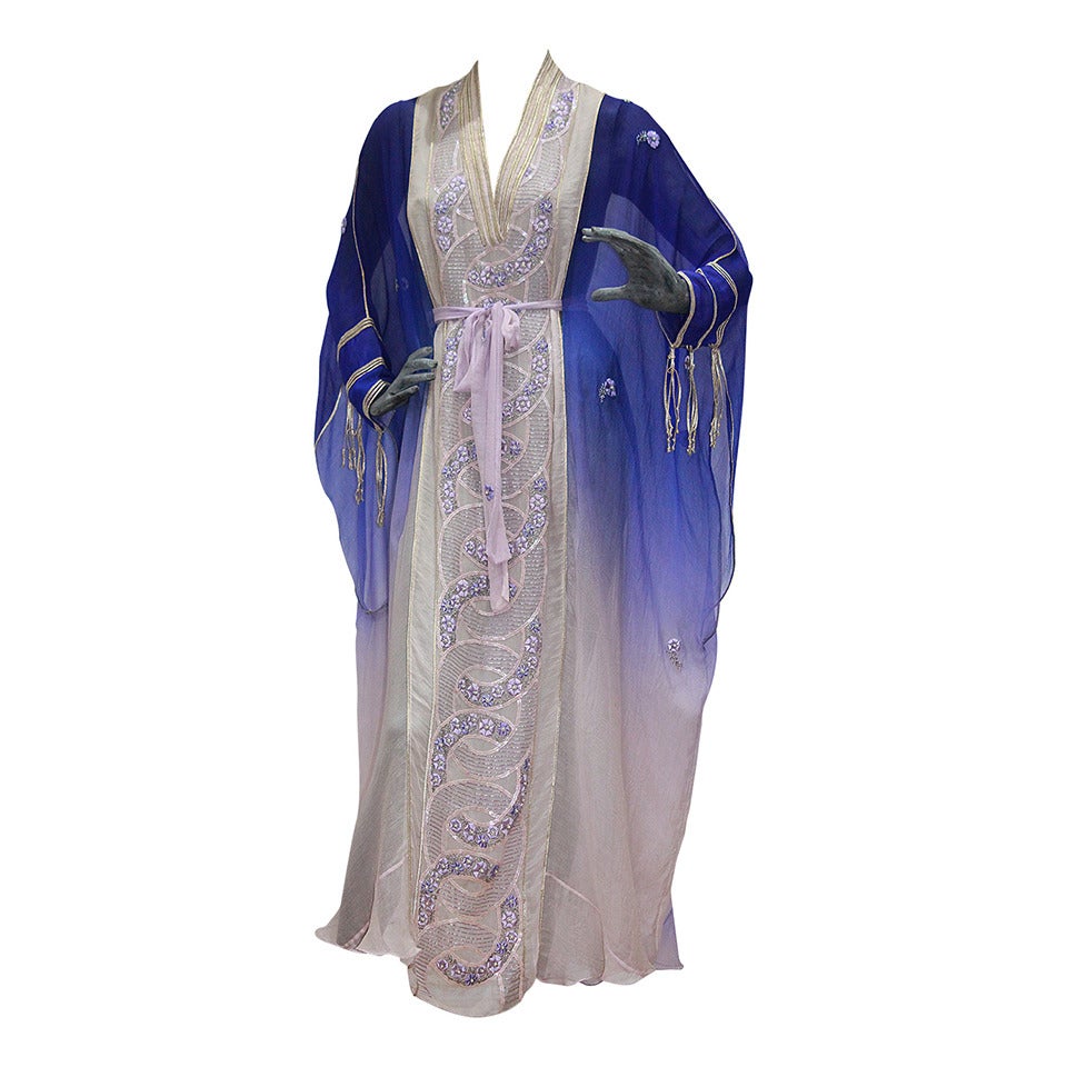 A fine and rare handmade British 1970s embellished silk chiffon caftan