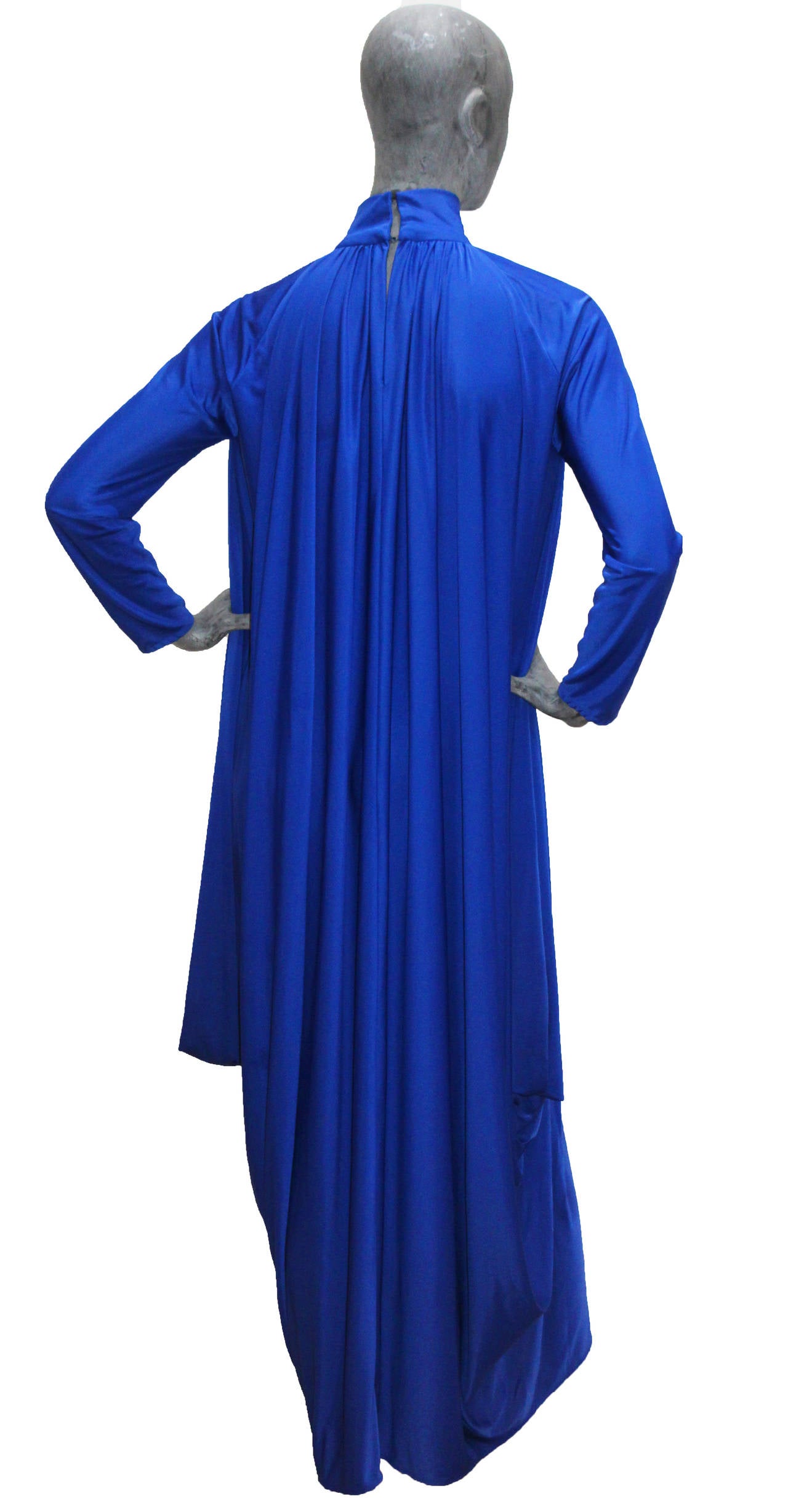 Blue High neck draped evening dress by Yuki, c. 1975