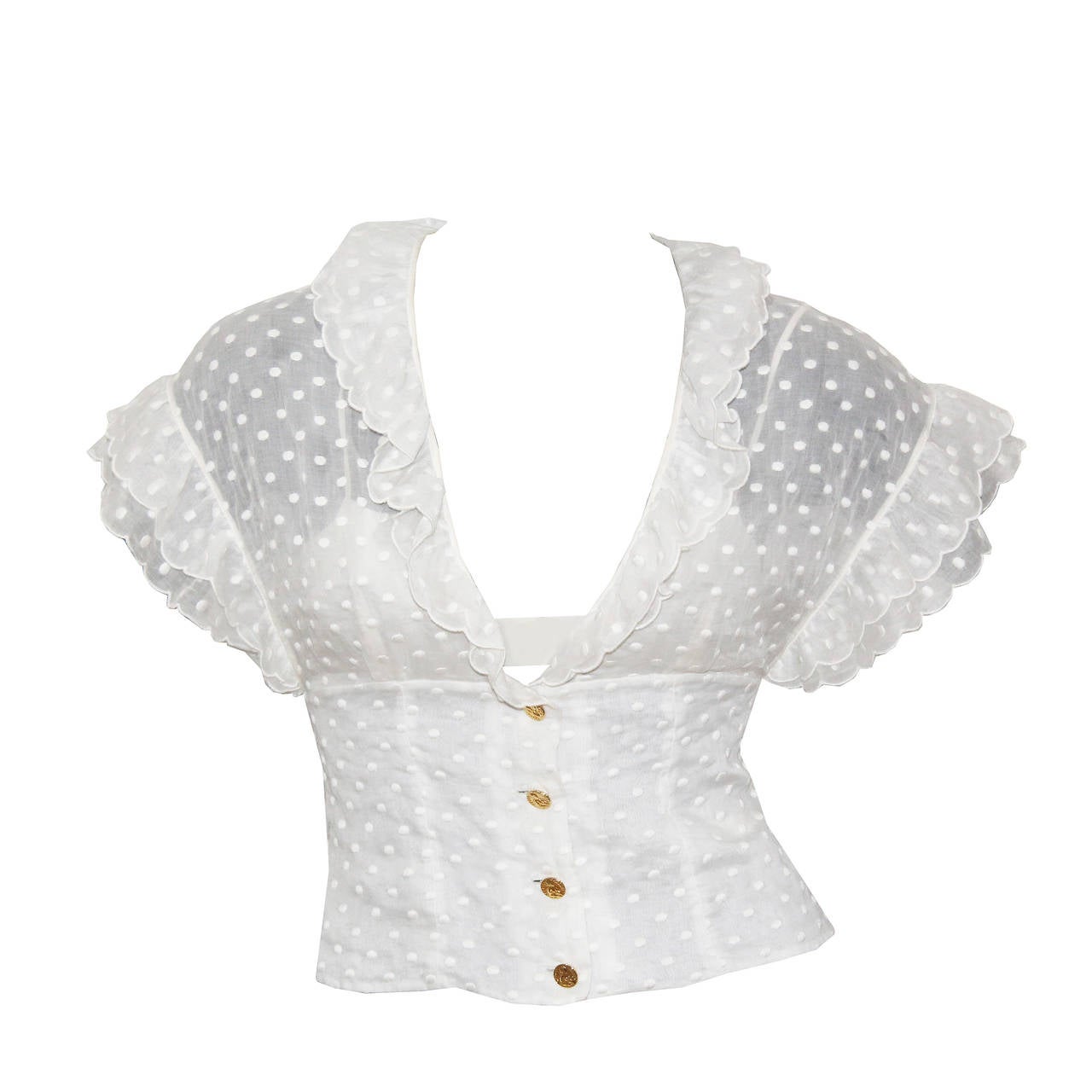 1980s Chanel polkadot ruffle summer blouse For Sale