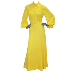 Ossie Clark Brilliant Yellow Moss Crepe Evening Dress c. 1975