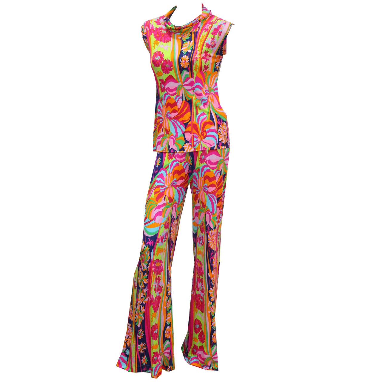 1960s Leonard Paris Silk Jersey Psychedelic 2 Piece Flared Trouser Suit