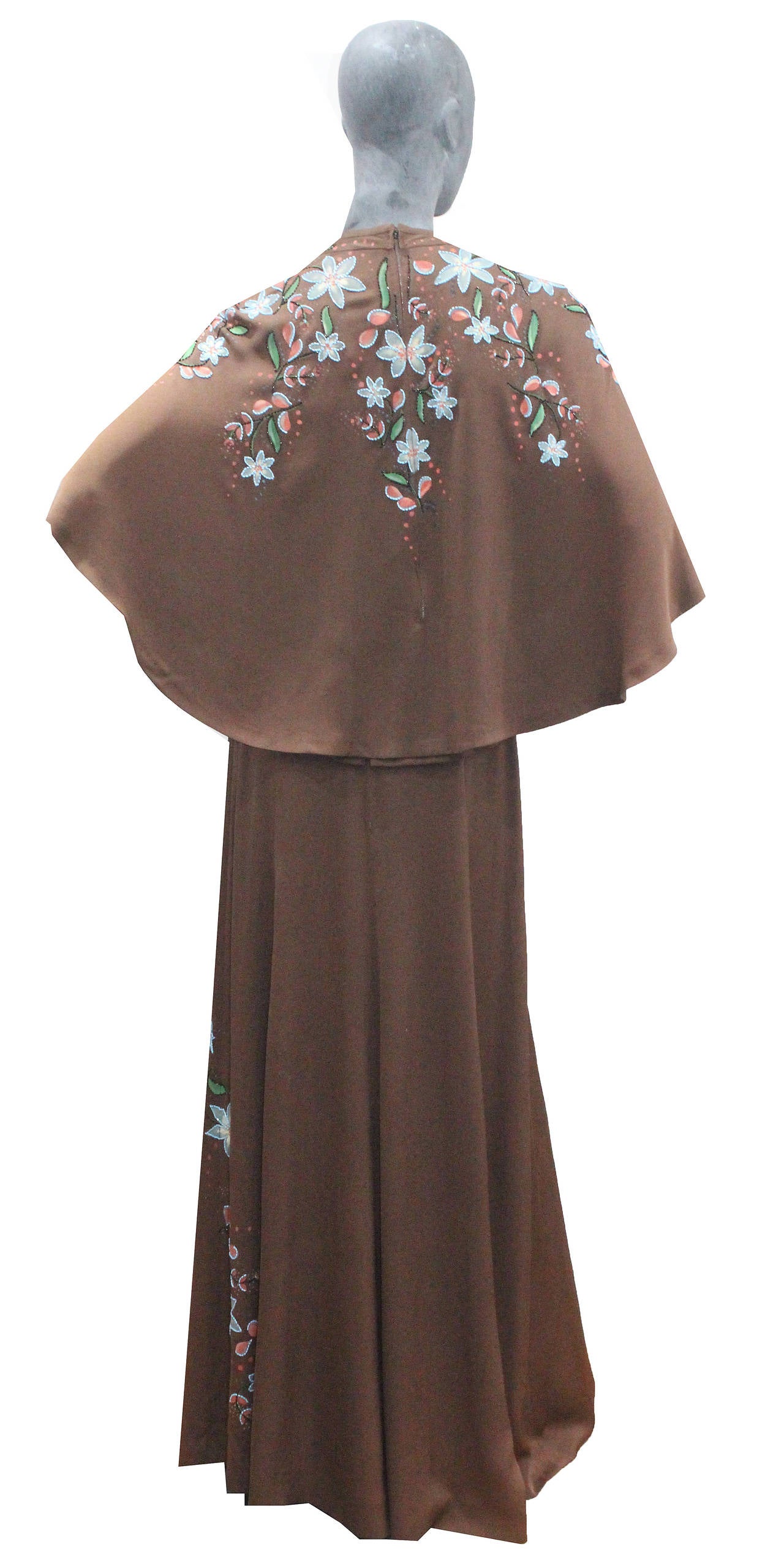 Brown A Rare Couture Early 1970s Hand Painted Cape Gown  by Douglas Darnell