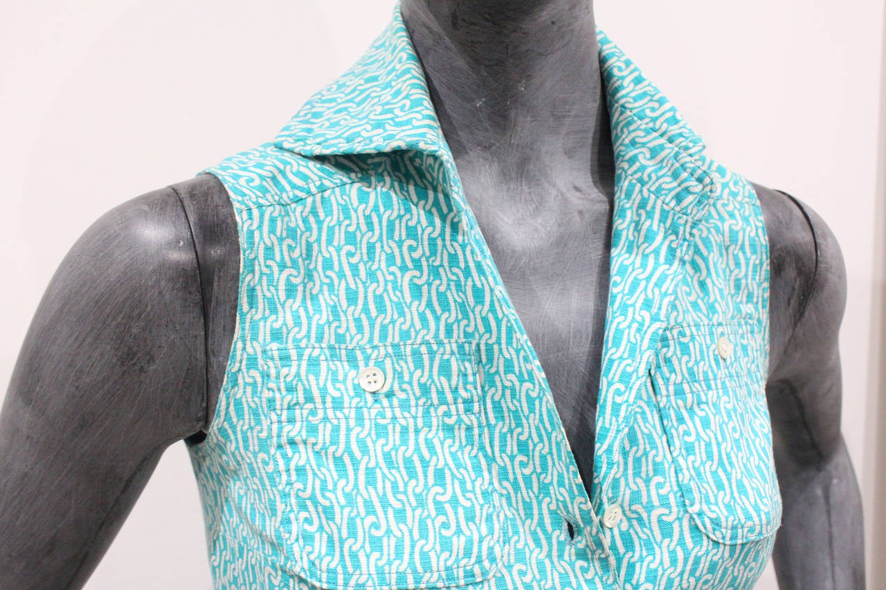Blue 1970s Hermes Cotton Collared Vest