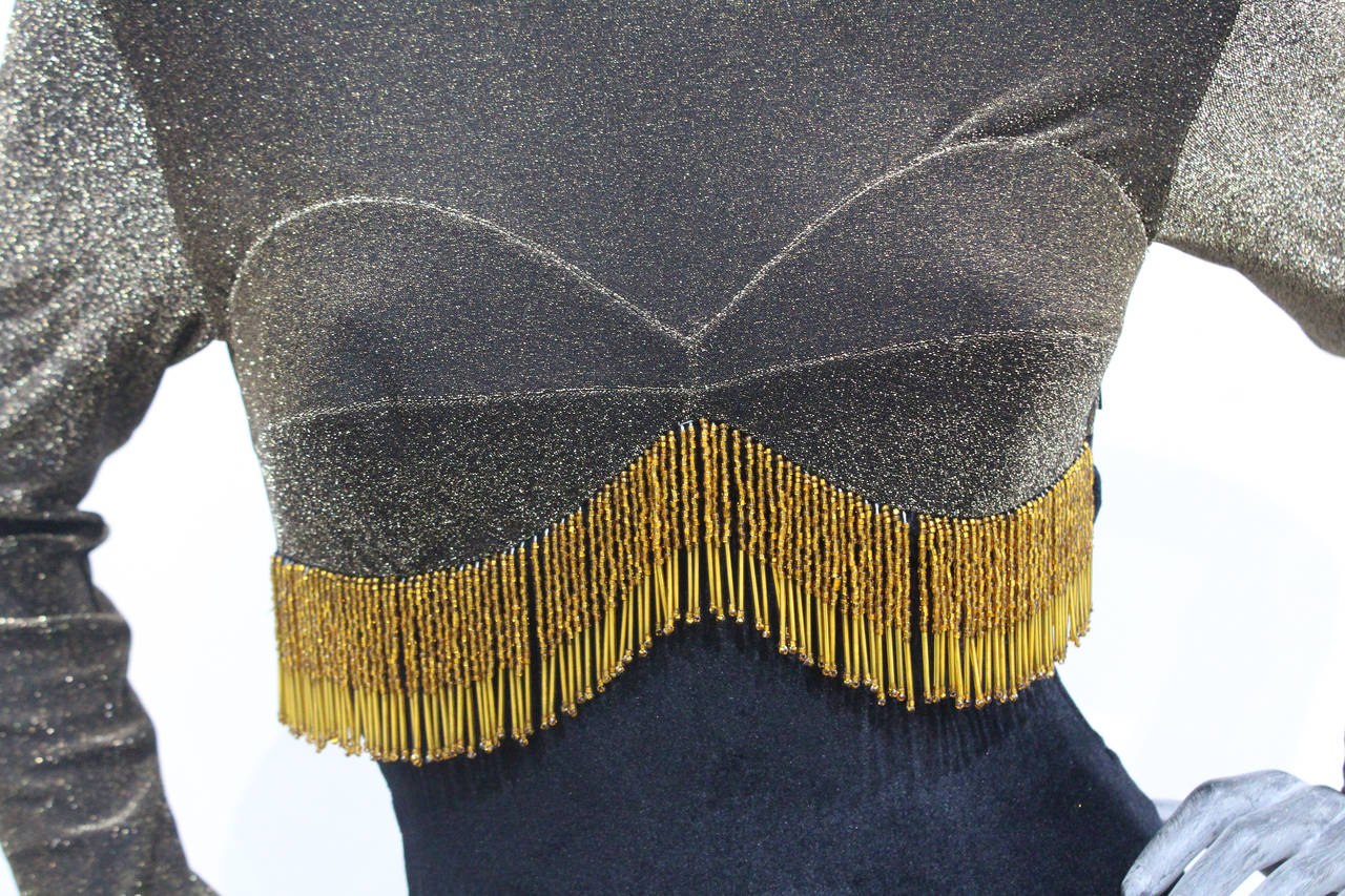 A Unique 1980s Velvet Beaded Tassel Show Girl Leotard In Excellent Condition In London, GB