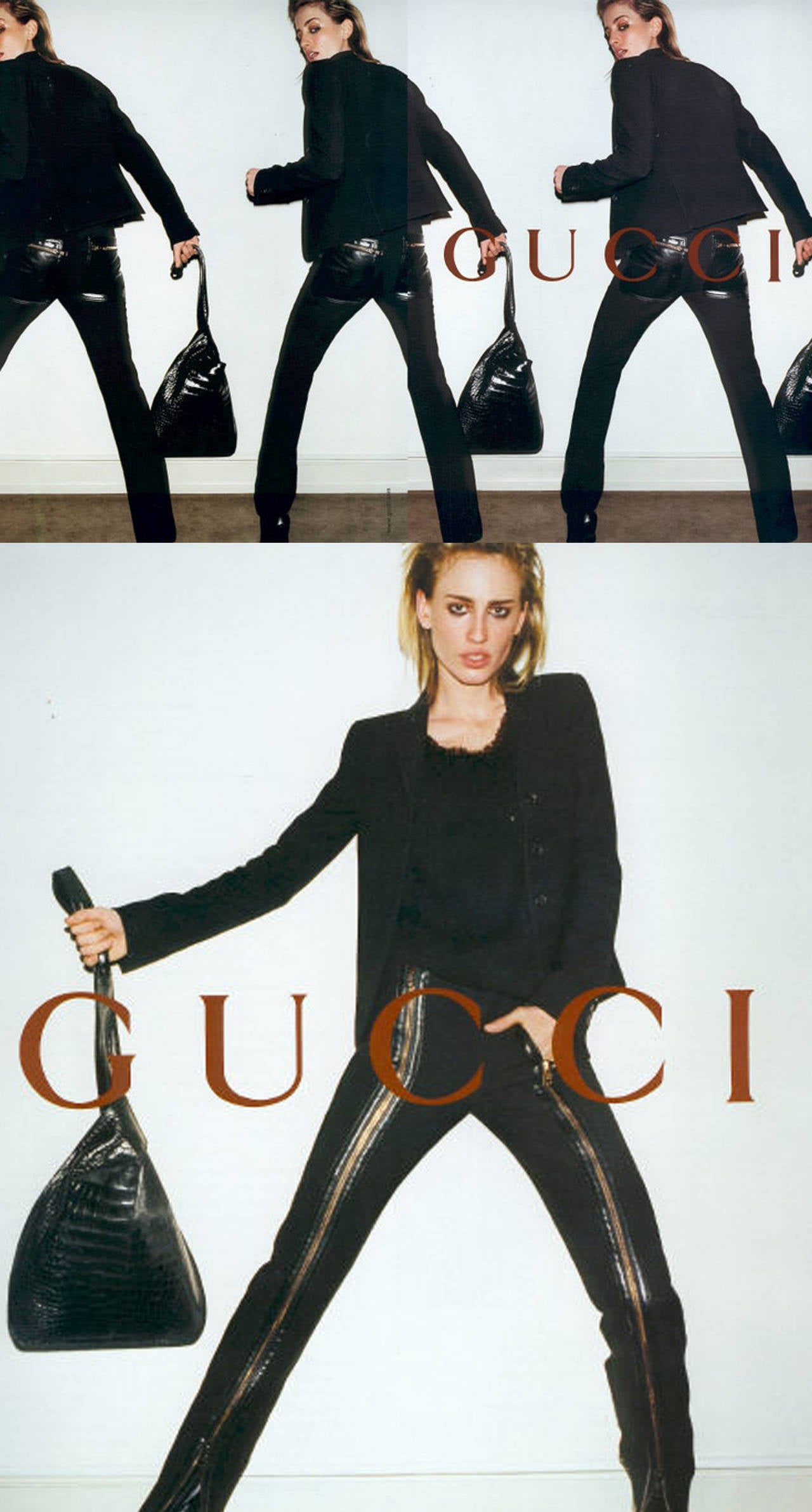 A pair of rare Gucci zipper pants in black rayon and lambskin leather. The pants were featured on the Milan catwalk for the Autumn/Winter 2001 collection and were also photographed by Terry Richardson for the official Gucci print campaign. The pants
