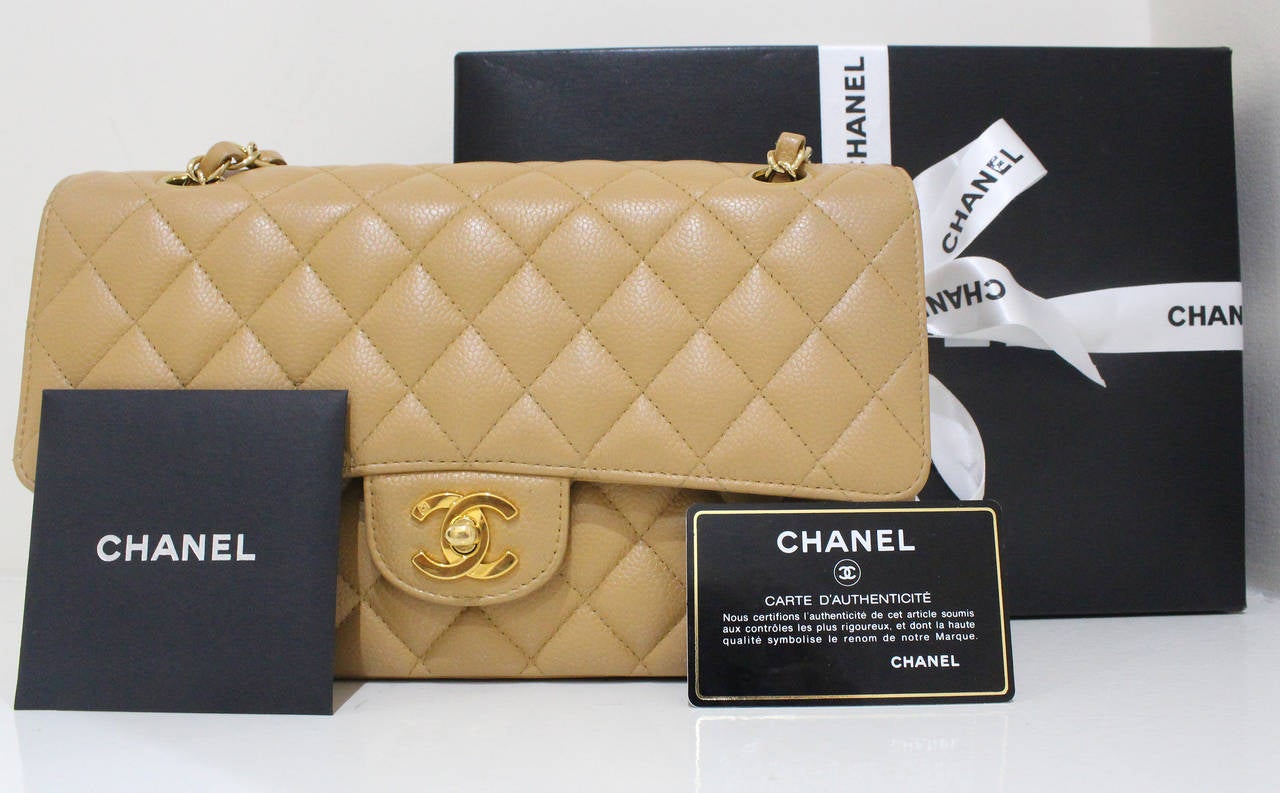 Chanel Light Brown Caviar Suede Leather Medium Double Flap Bag with, Lot  #56269