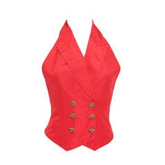 John Galliano for Christian Dior Red Halter Neck Waist Coat With Beaded Buttons