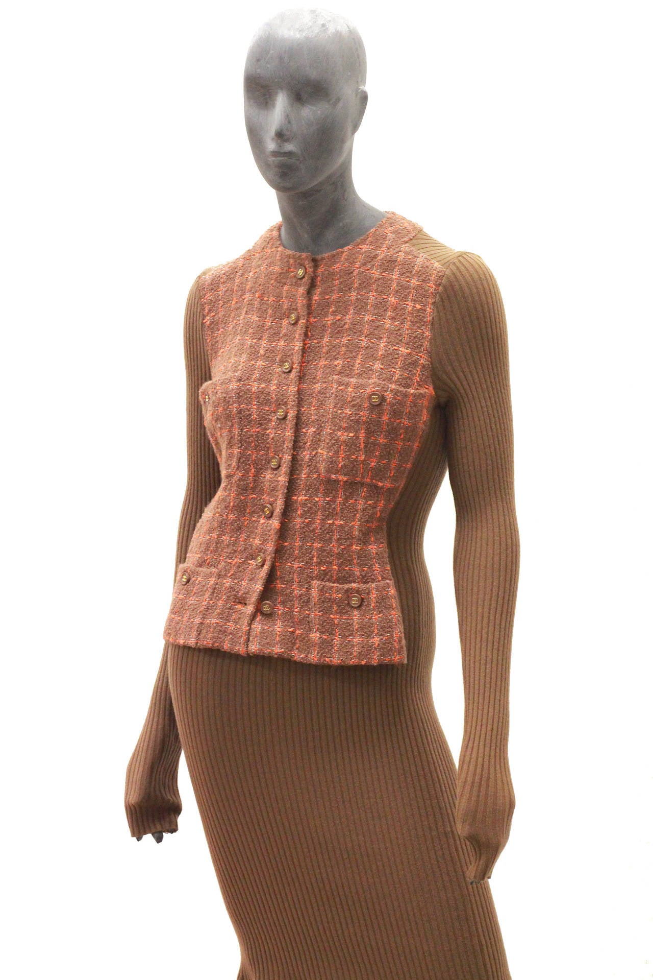 Brown Chanel rib knit body con dress with attached jacket c. 1995