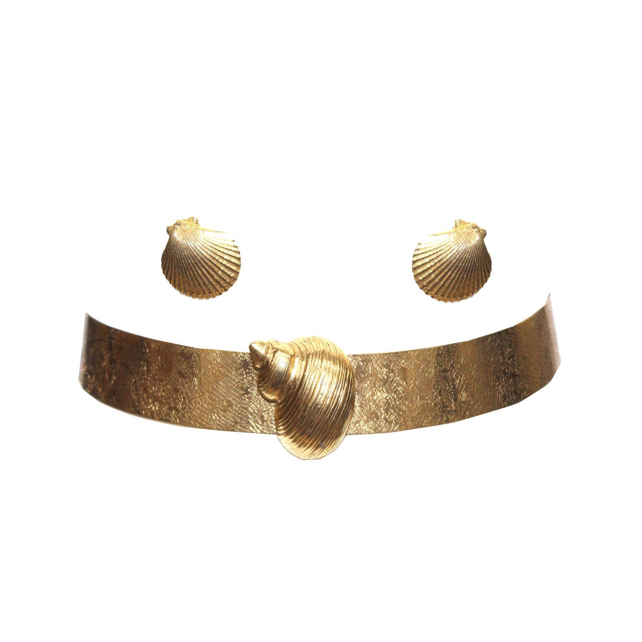 Rare Yves Saint Laurent Gold Shell Belt and Earrings Set