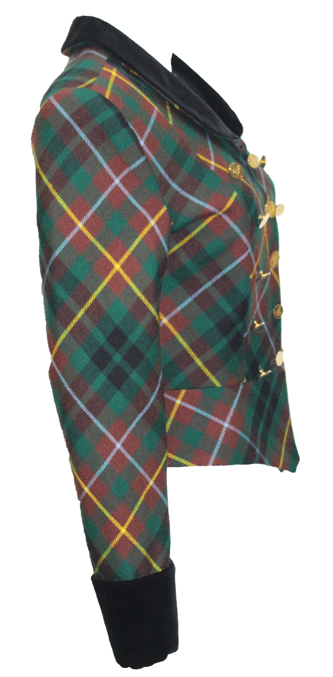 Autumn/Winter 1988 

A Vivienne Westwood tartan plaid wool jacket with black velvet 'Peter Pan' collar and cuffs, 15 gold 'orb' buttons and silk lining. 

Size Fr 36-38 / UK 8-10 / US 6-8