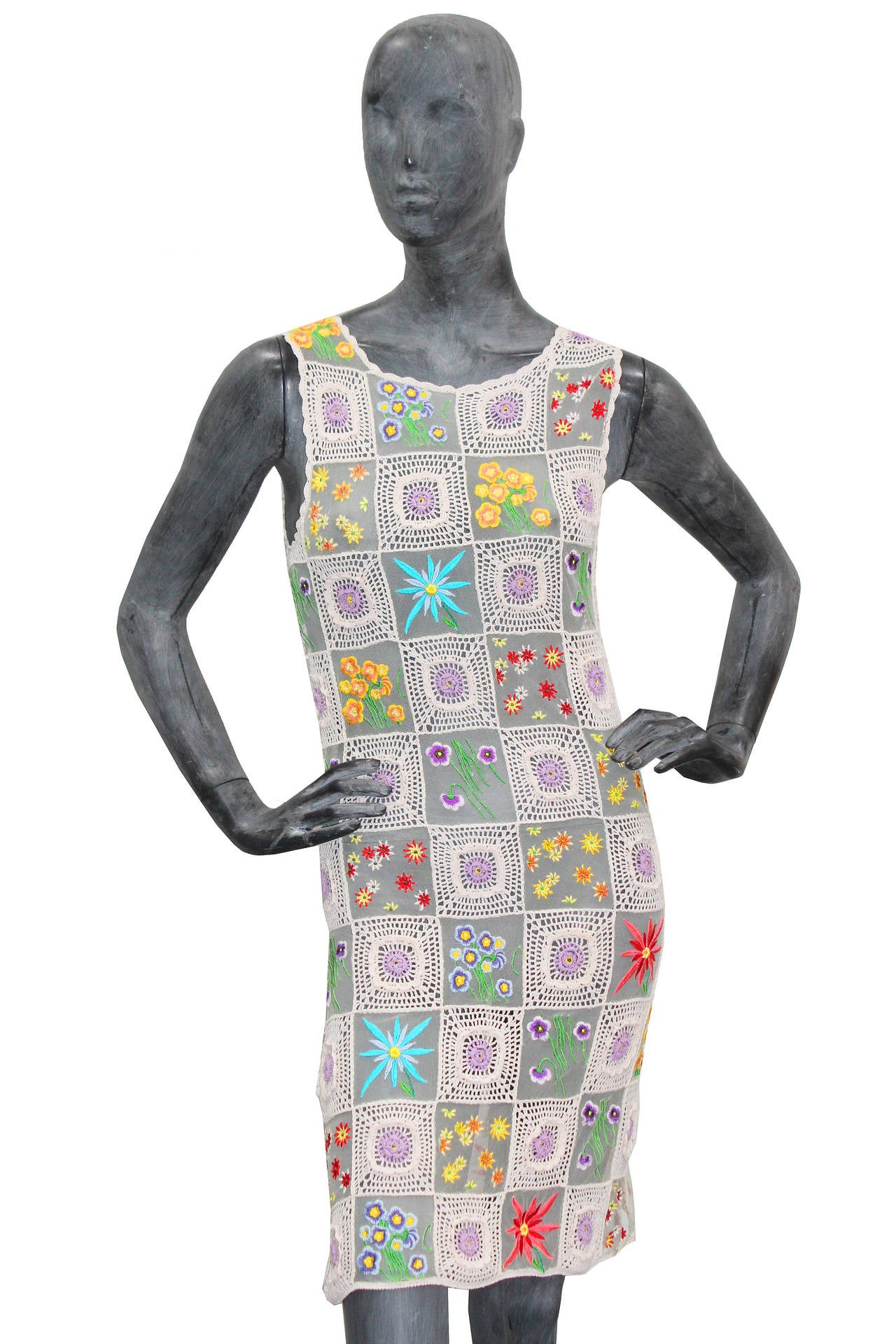 Gray 1990s MOSCHINO crochet embroidered shift dress