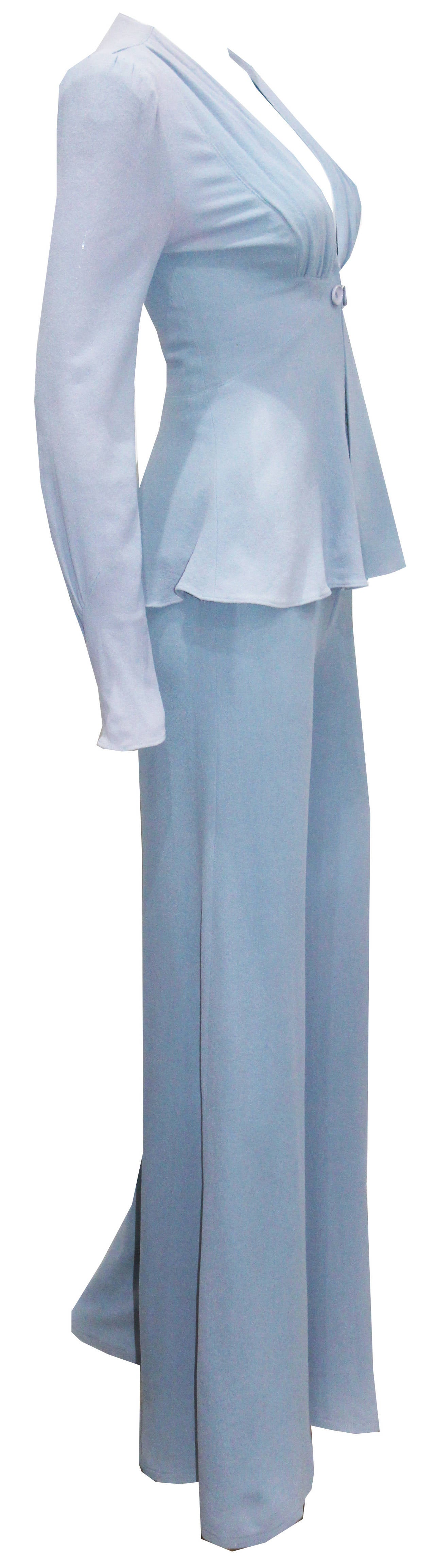 Rare 1970s Ossie Clark Duck Egg Blue Flared Pant 2 Piece Suit Sz. XS