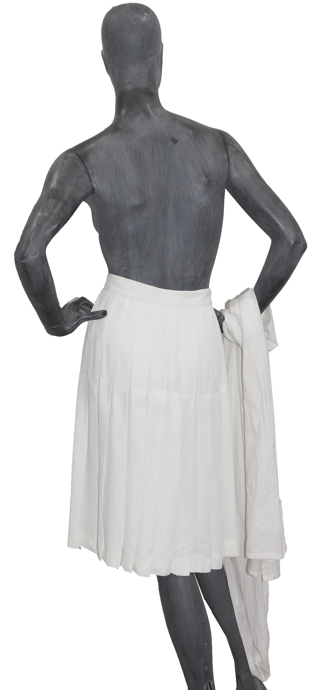 Gray Early Yohji Yamamoto white cotton pleated wrap skirt with train c. 1980s
