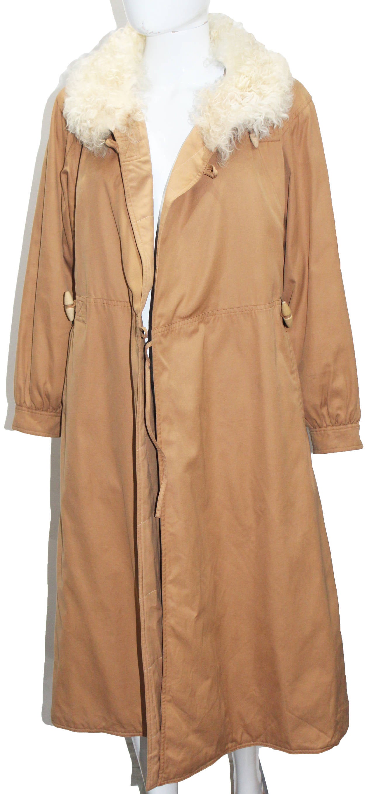 Brown 1960s Courreges tan coat with Mongolian lamb collar