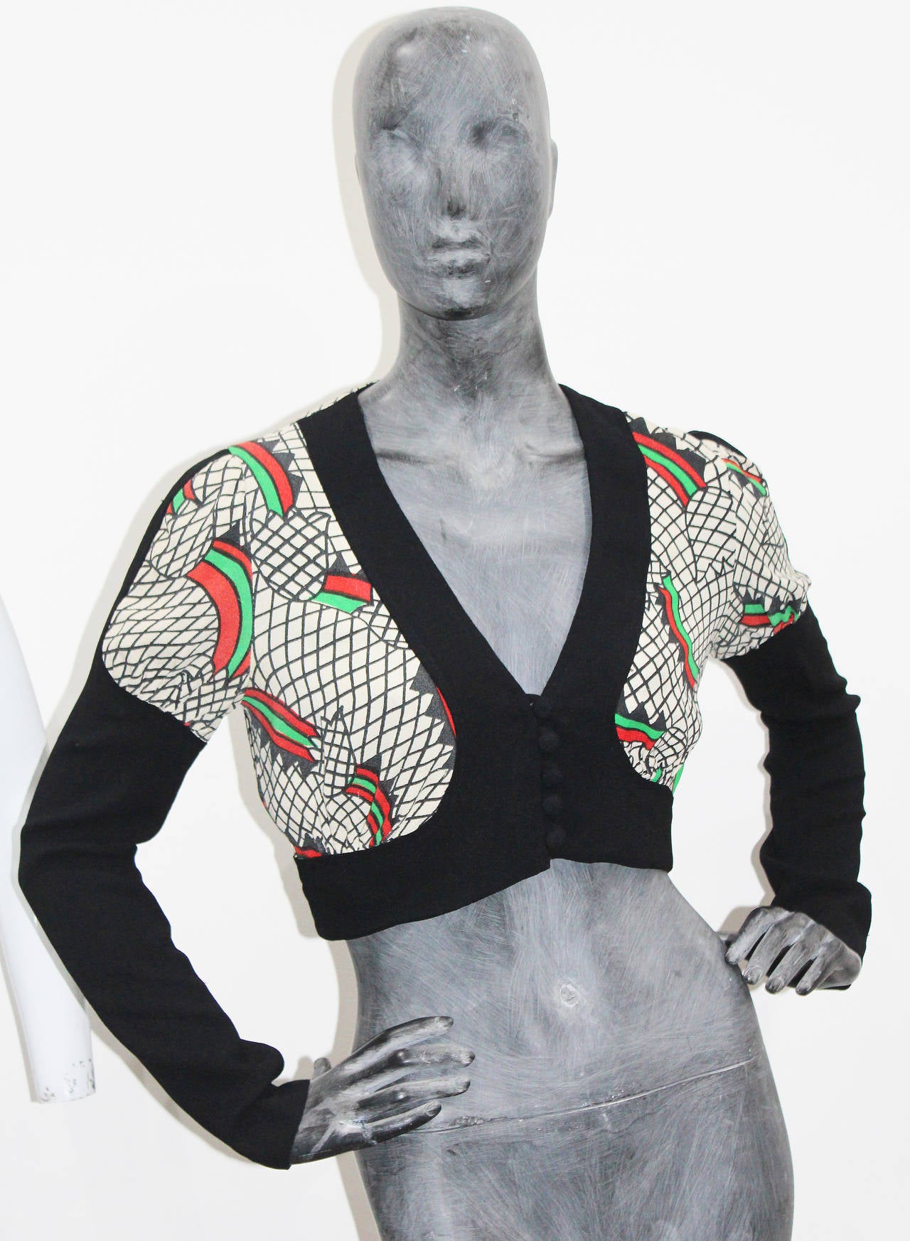 Black 1970s Ossie Clark cropped blouse with 'Step by Step' print by Celia Birtwell