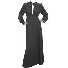 Vintage 1970s Ossie Clark Black Moss Crepe Full Length Wrap Dress With Neck Tie