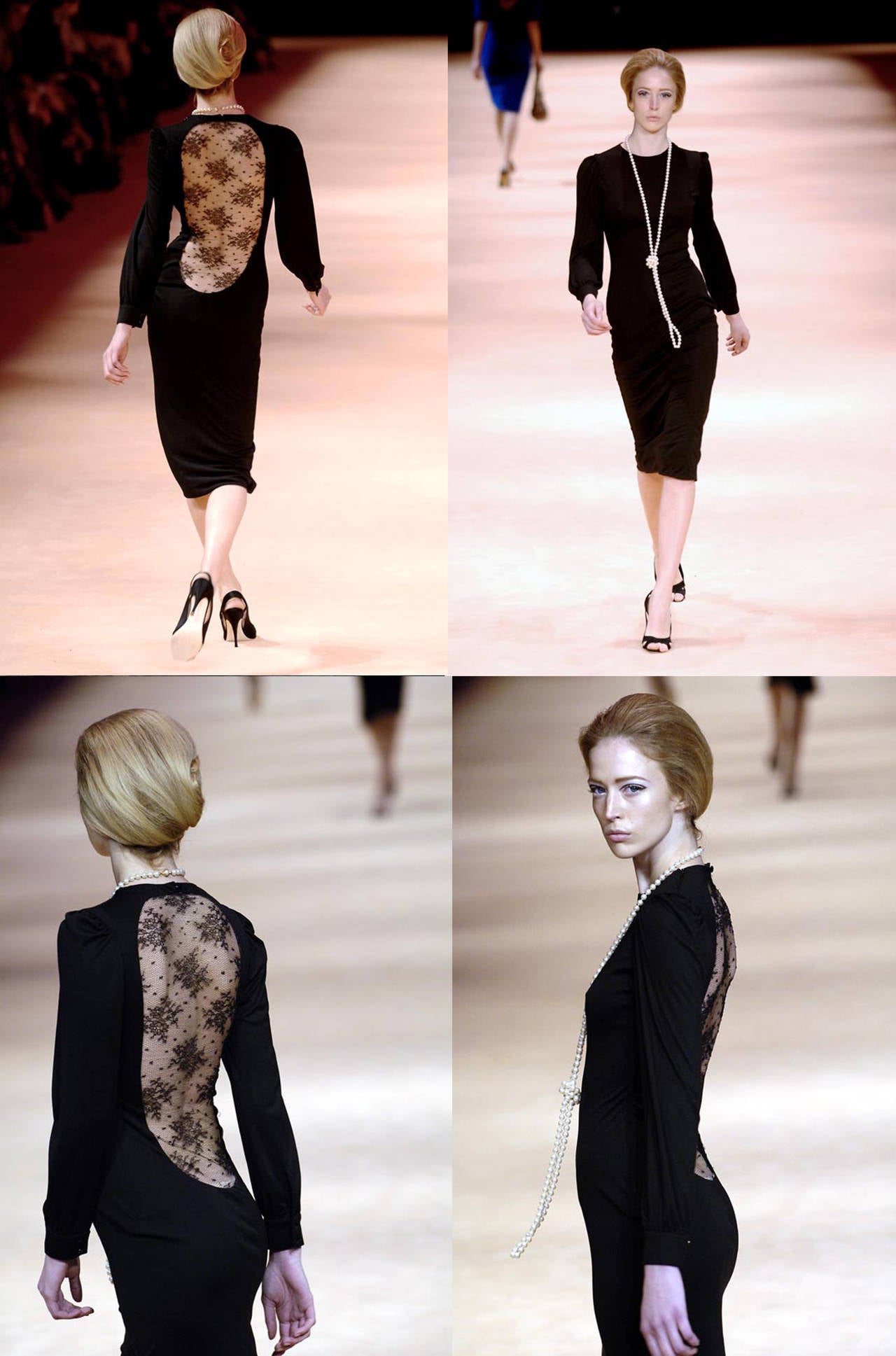 An exceptional evening dress by Alexander McQueen. The dress is made of a black high quality jersey and features a low cut open lace back and bishop sleeves. 

Collection: Autumn/Winter 2005 