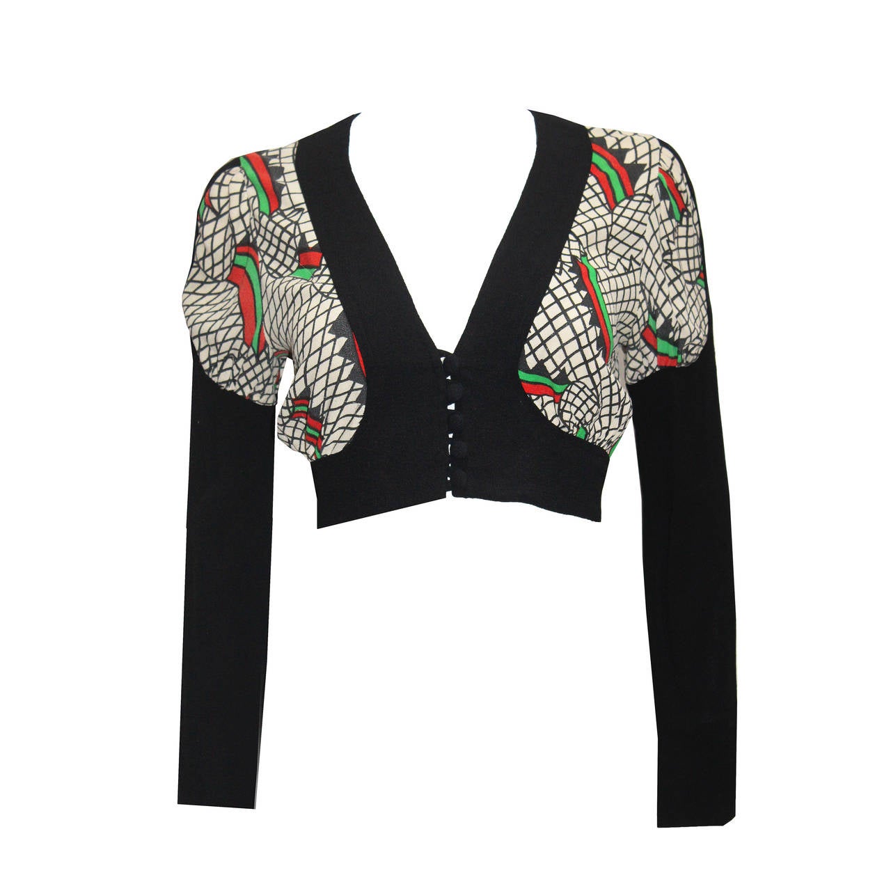 1970s Ossie Clark cropped blouse with 'Step by Step' print by Celia Birtwell