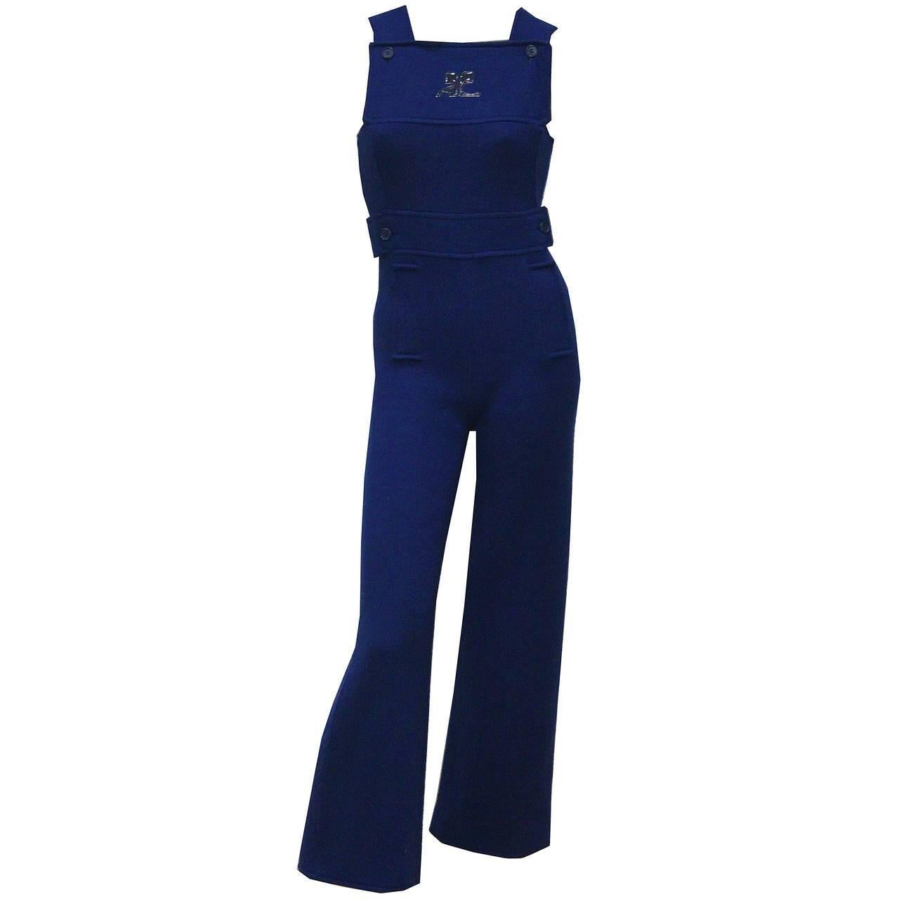 Navy Courreges Paris Woollen Flared Jumpsuit c. 1971