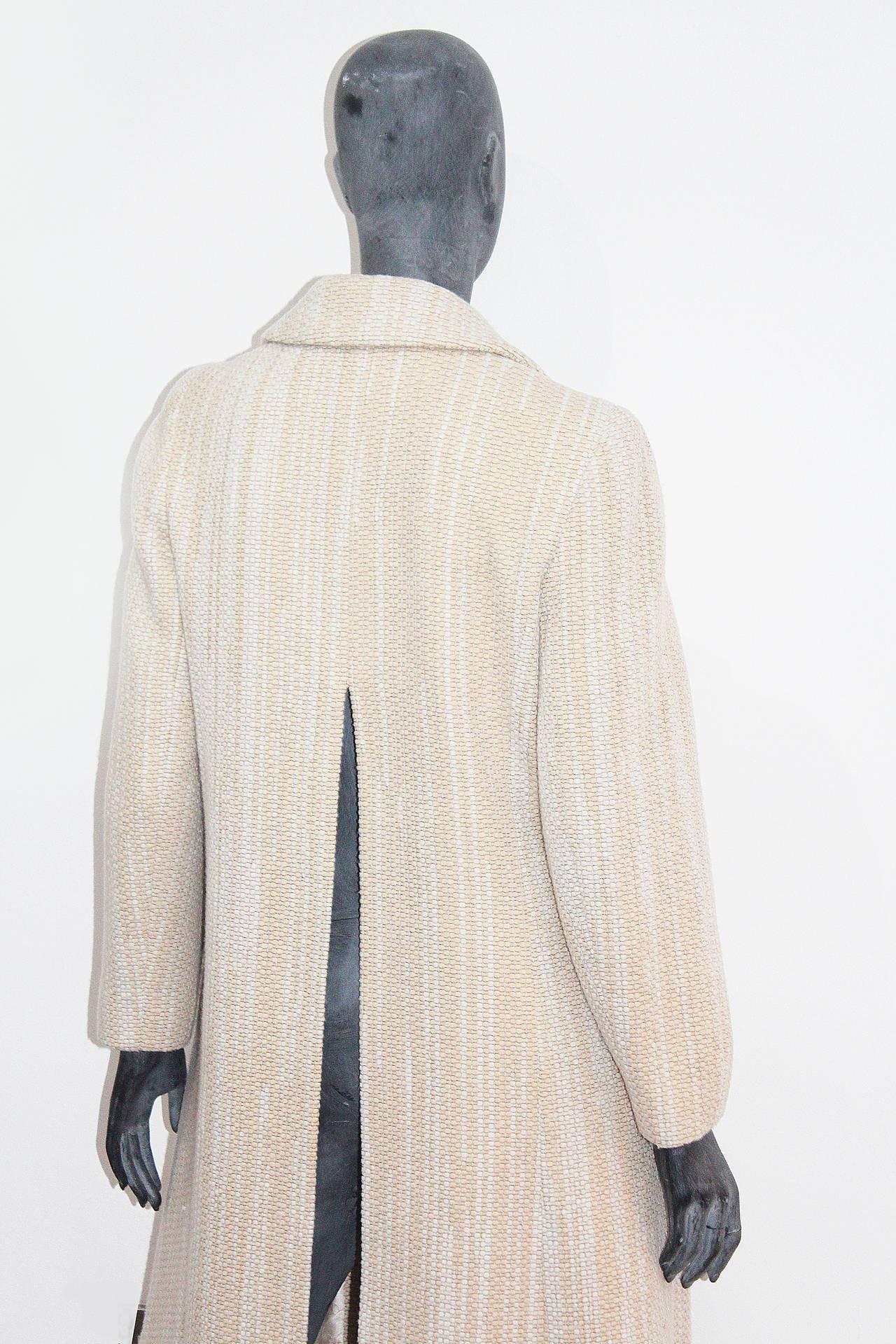 Beige Chanel full length tweed coat with back slit, Fall 2001