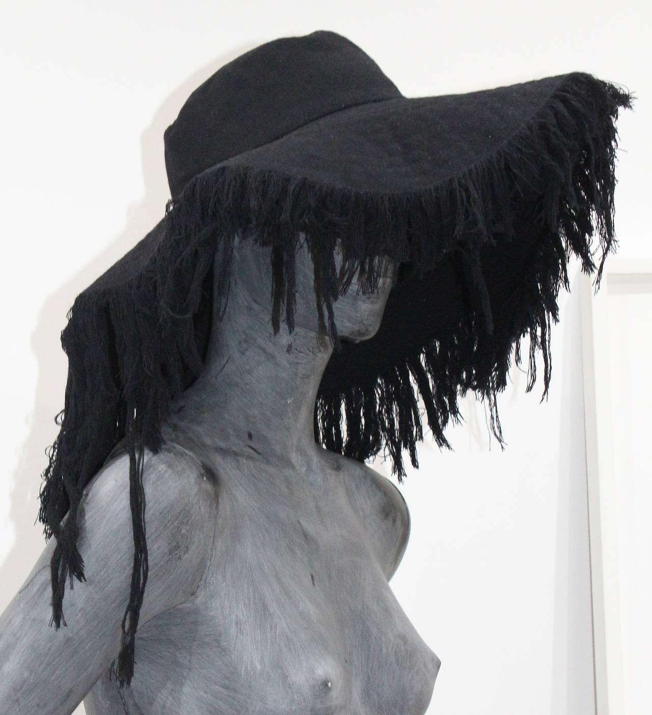 Black Rare Haute Couture Yohji Yamamoto frayed wide brim cashmere wool hat c. 2013