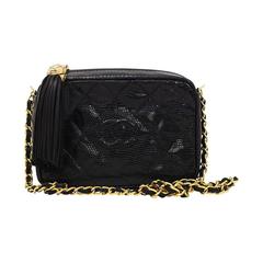 Retro Chanel quilted black lizard skin camera bag with tassel c. 1989
