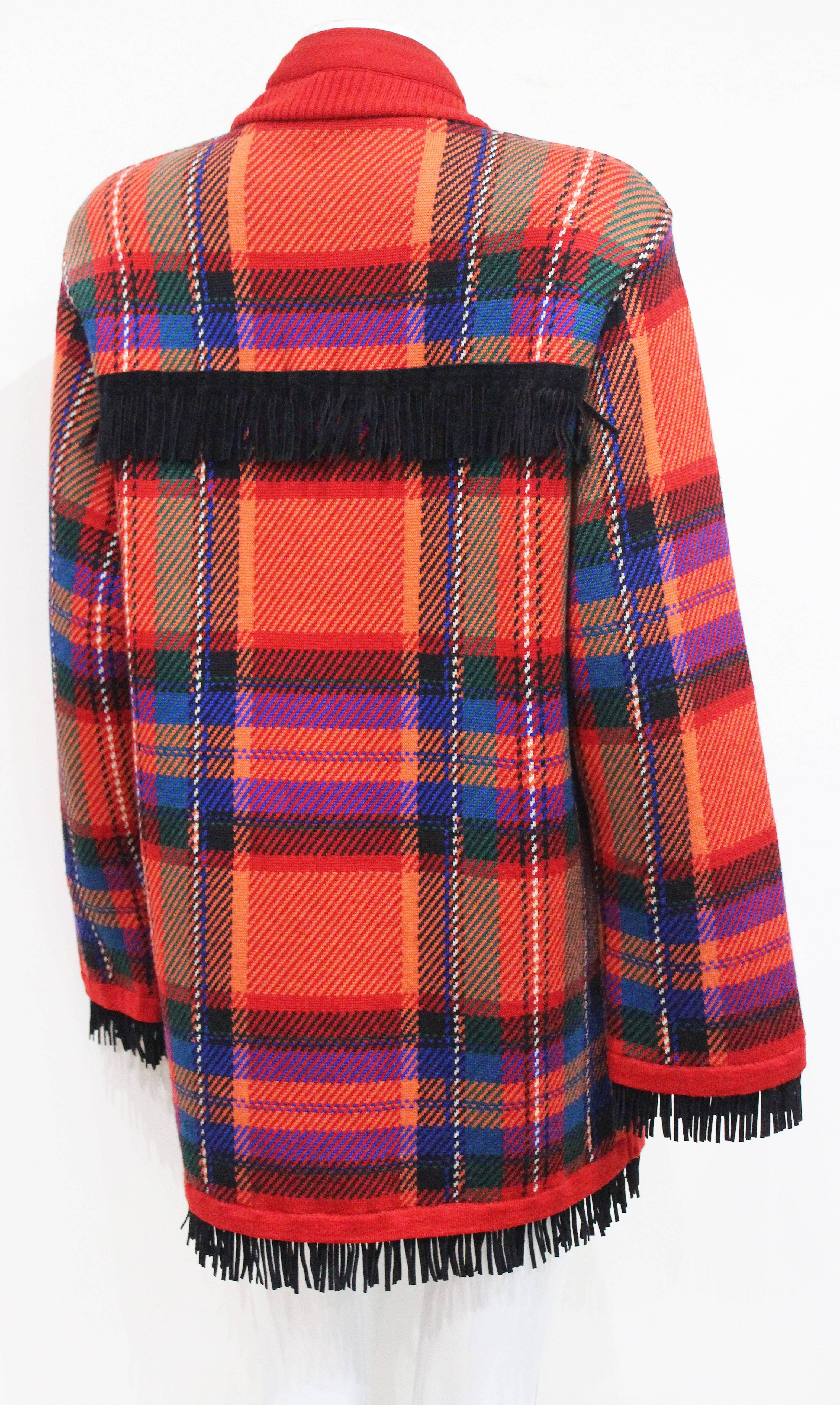 1970s Yves Saint Laurent Plaid Woollen Cardian Jacket With Suede Fringing  In Good Condition In London, GB